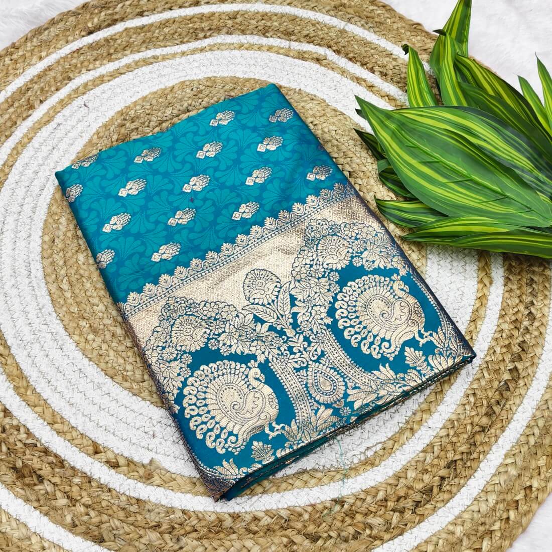 Efflorescence Firozi Pure Zari Weaving Banarasi Silk Saree With Amazing Blouse Piece