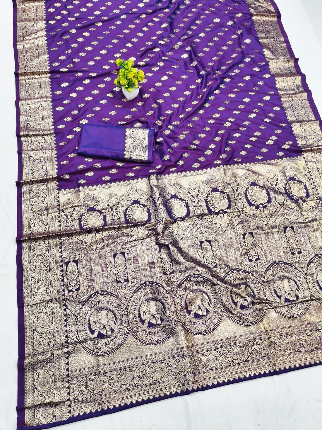 Dissemble Purple Pure Zari Weaving Banarasi Silk Saree With Majestic Blouse Piece