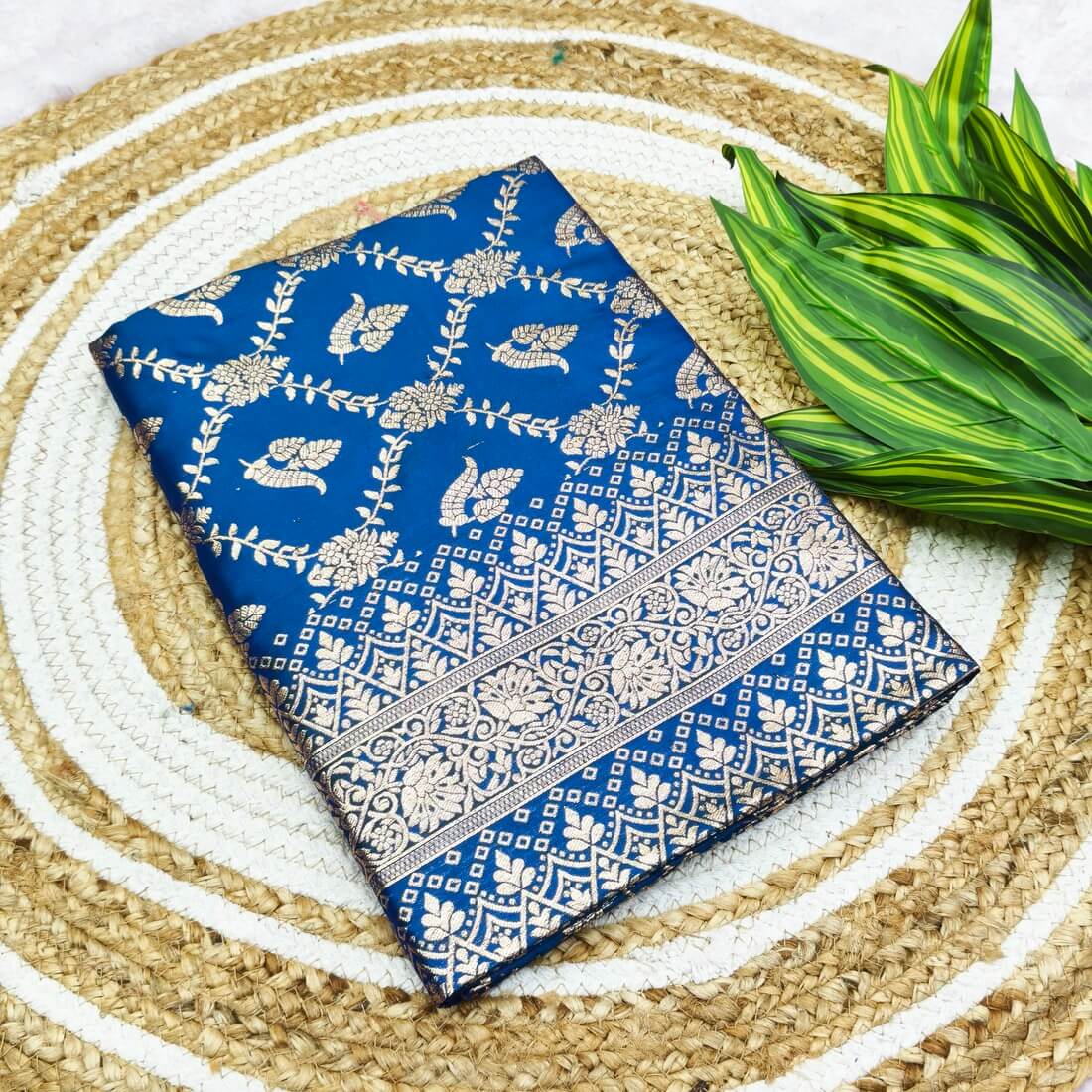 Glowing Blue Pure Zari Weaving Banarasi Silk Saree With Prominent Blouse Piece