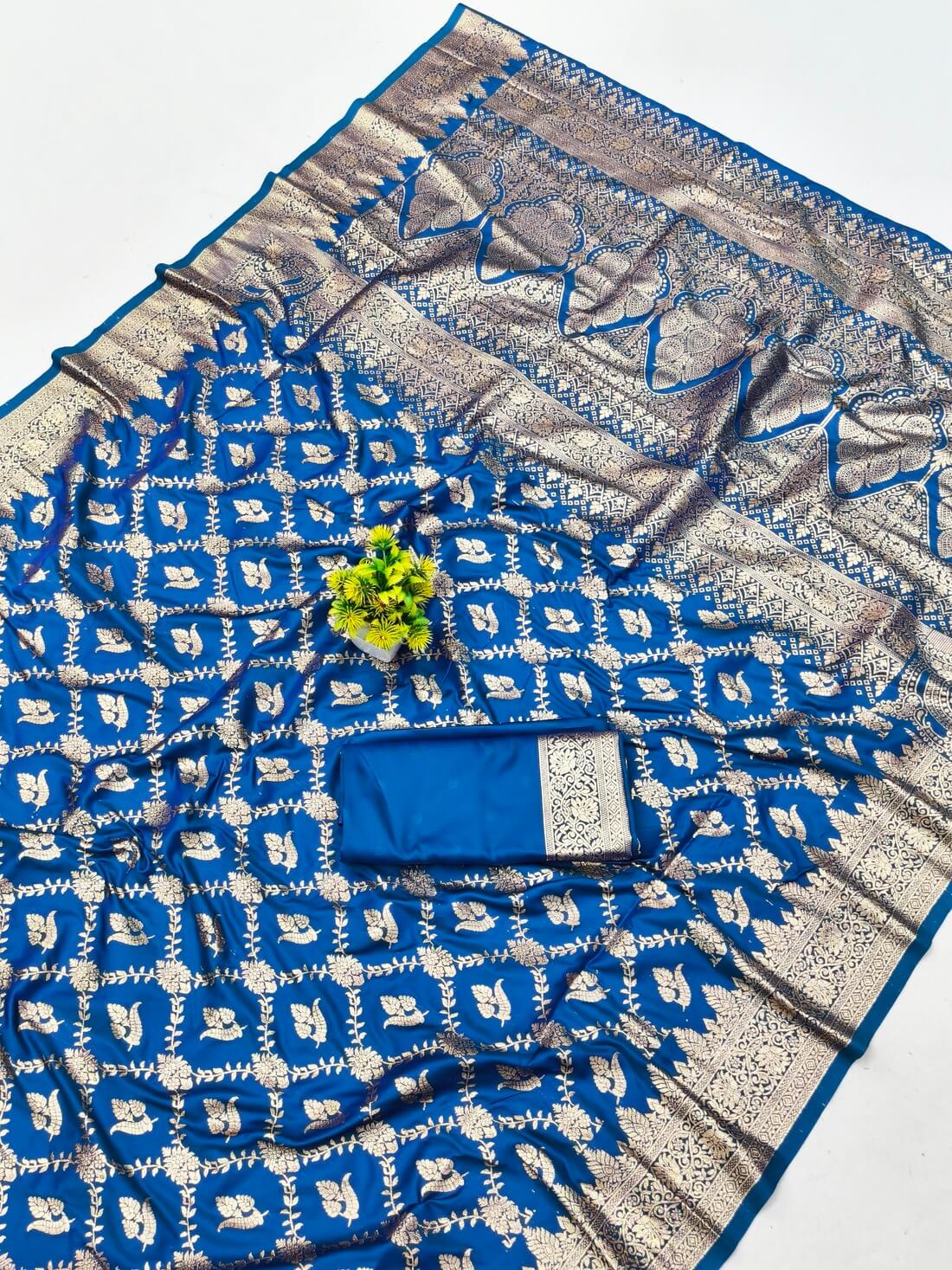 Glowing Blue Pure Zari Weaving Banarasi Silk Saree With Prominent Blouse Piece