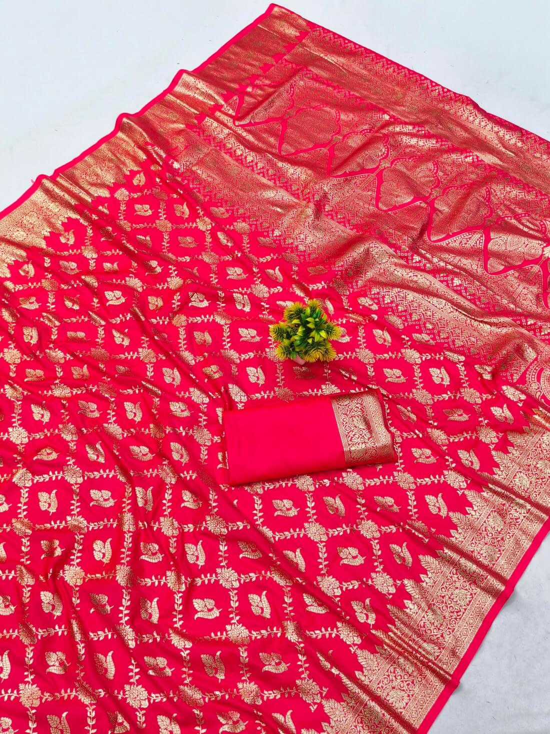 Charismatic Dark Pink Pure Zari Weaving Banarasi Silk Saree With Blooming Blouse Piece