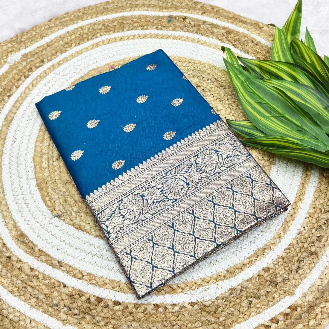 Susurrous Blue Pure Zari Weaving Banarasi Silk Saree With Fugacious Blouse Piece