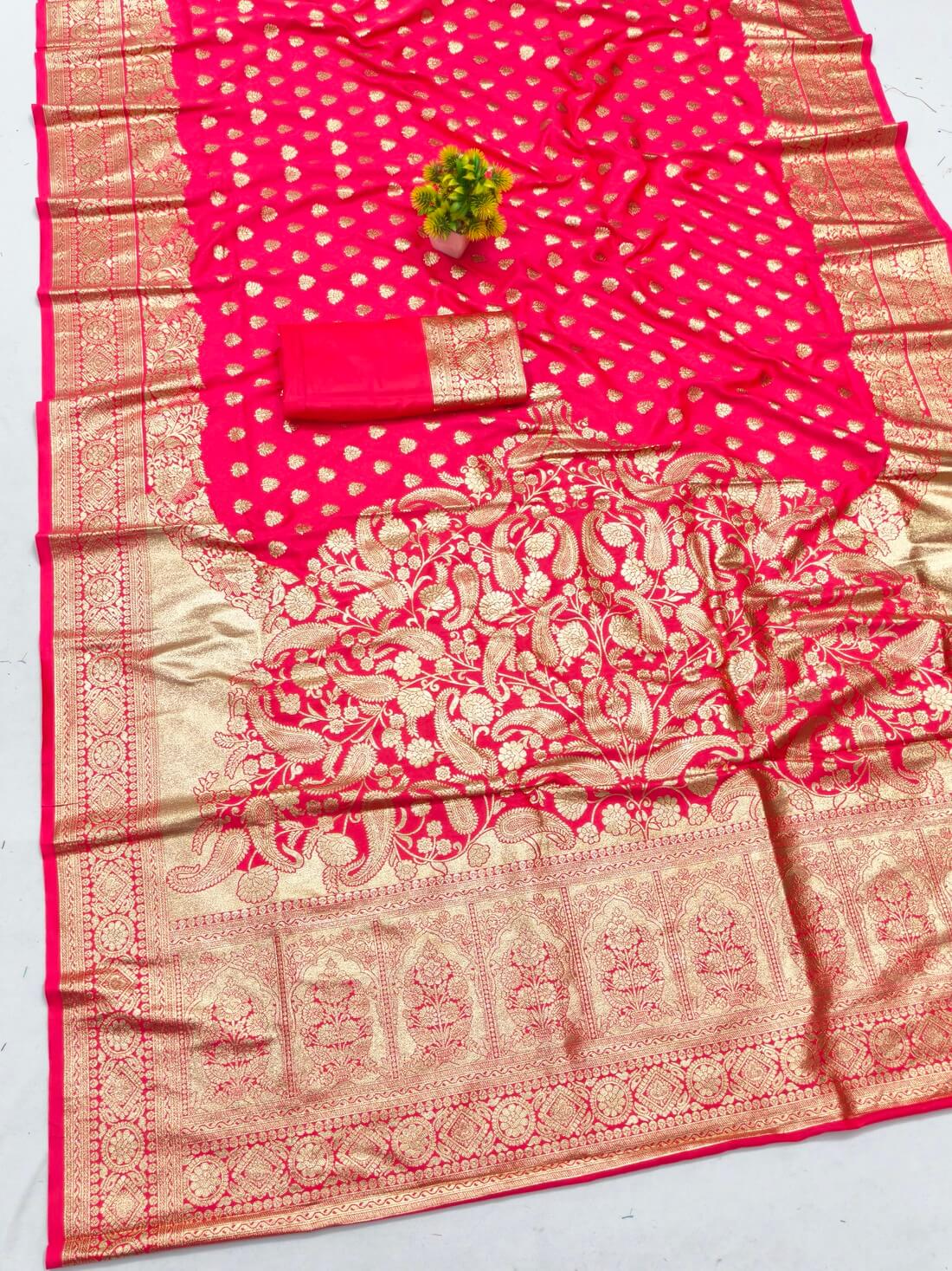 Tantalizing Dark Pink Pure Zari Weaving Banarasi Silk Saree With Gleaming Blouse Piece