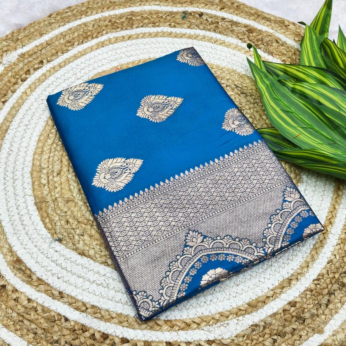 Enamoring Blue Pure Zari Weaving Banarasi Silk Saree With Lagniappe Blouse Piece