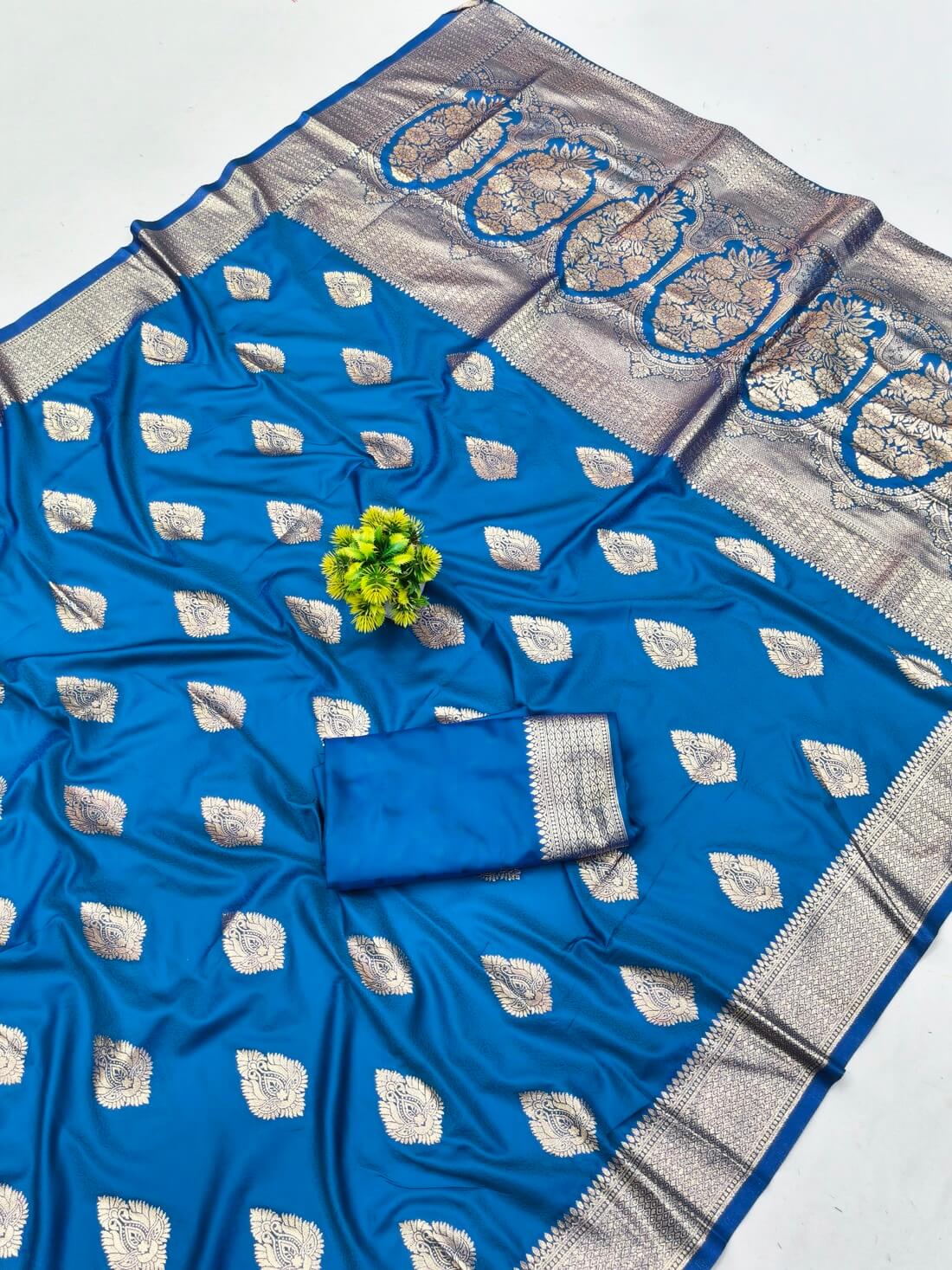 Enamoring Blue Pure Zari Weaving Banarasi Silk Saree With Lagniappe Blouse Piece