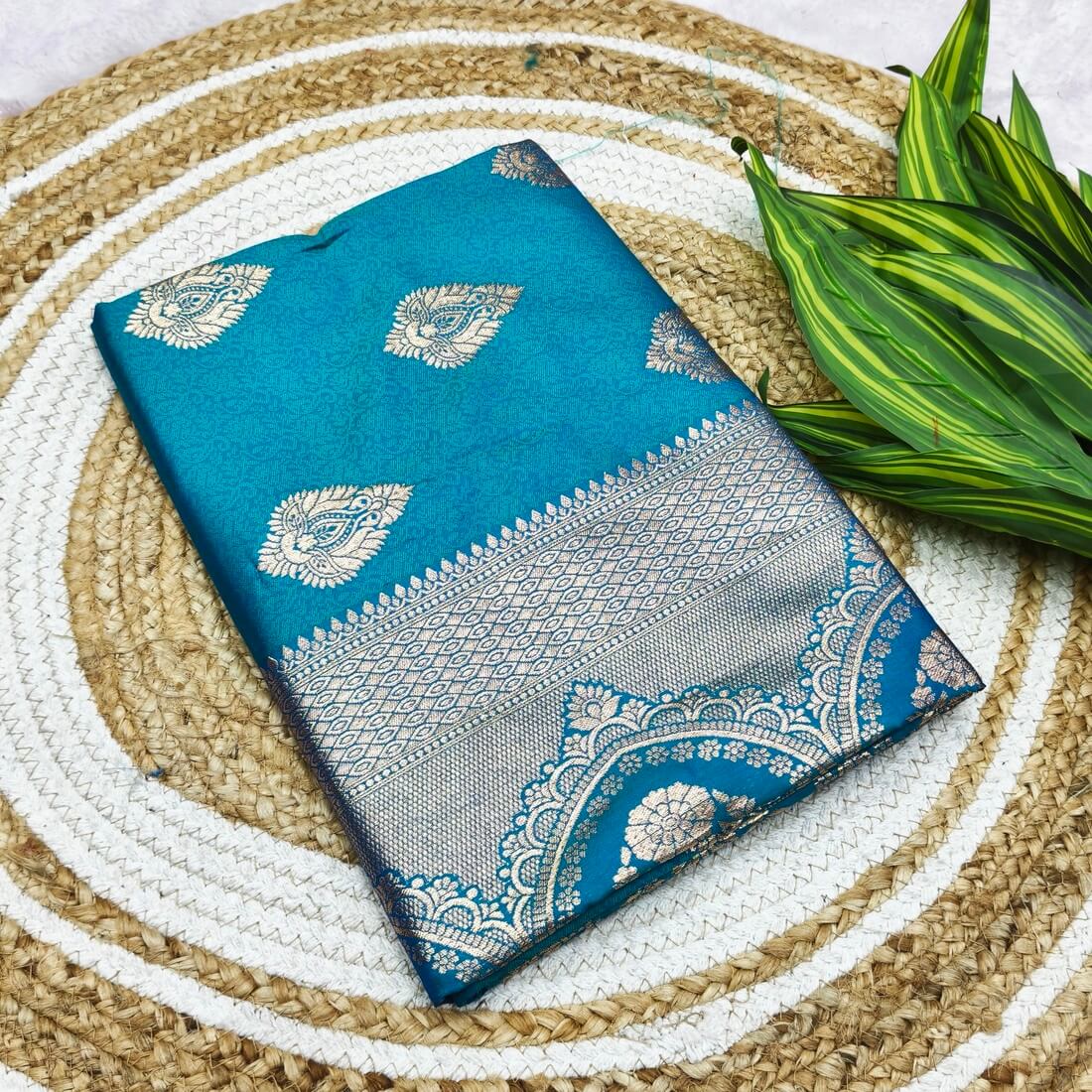 Tremendous Firozi Pure Zari Weaving Banarasi Silk Saree With Imaginative Blouse Piece