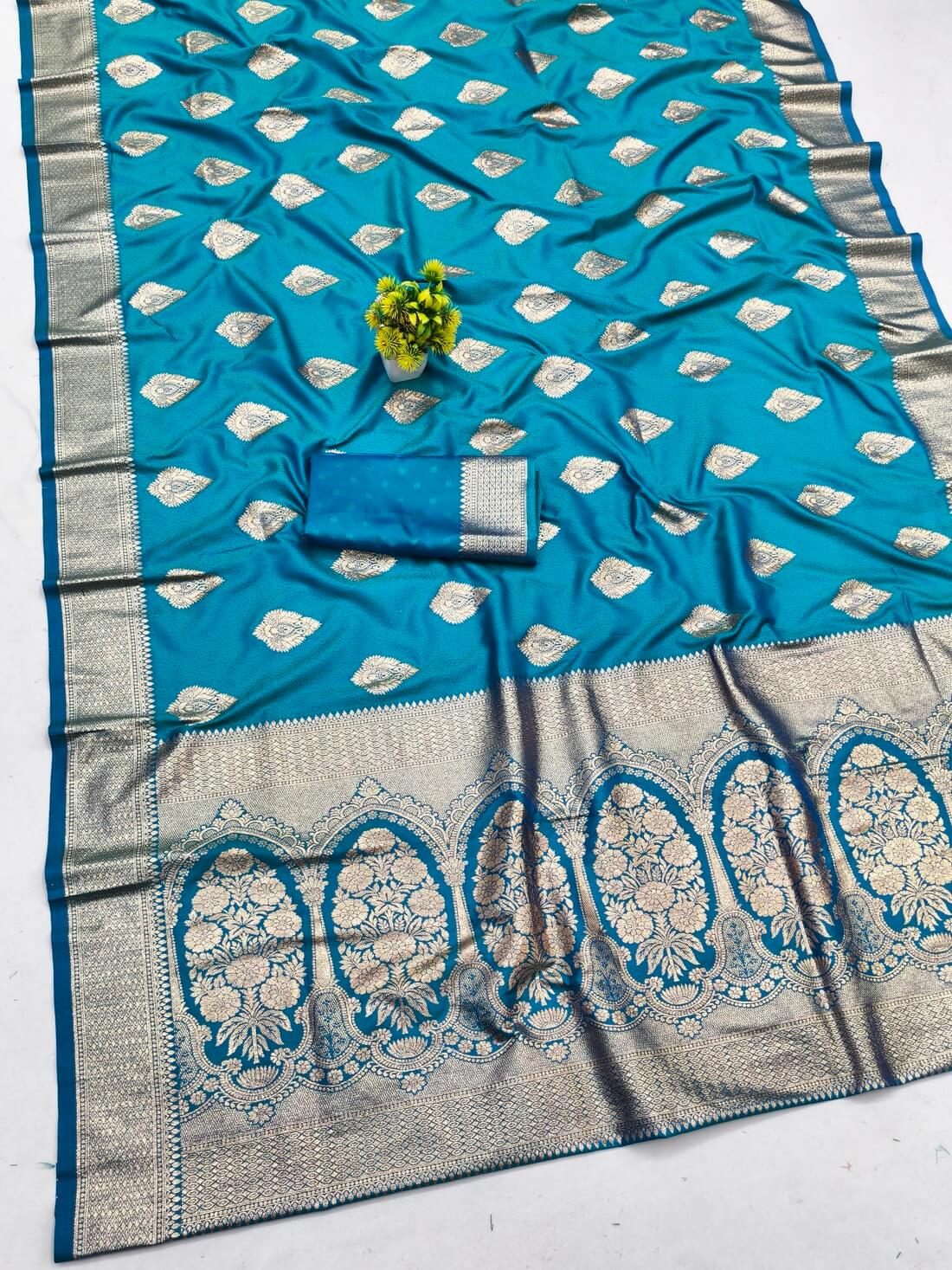 Tremendous Firozi Pure Zari Weaving Banarasi Silk Saree With Imaginative Blouse Piece