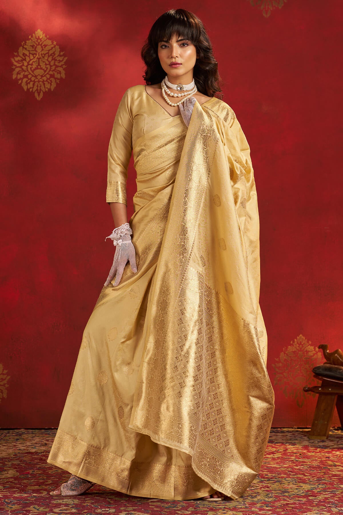 Glowing Beige Pure Zari Weaving Banarasi Silk Saree With Divine Blouse Piece