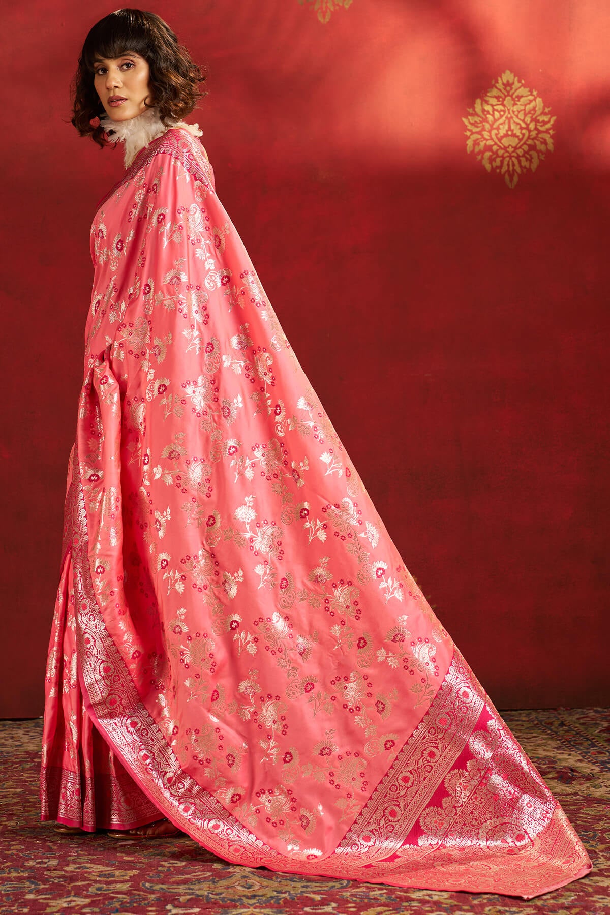Demesne Pink Pure Zari Weaving Banarasi Silk Saree With Confounding Blouse Piece