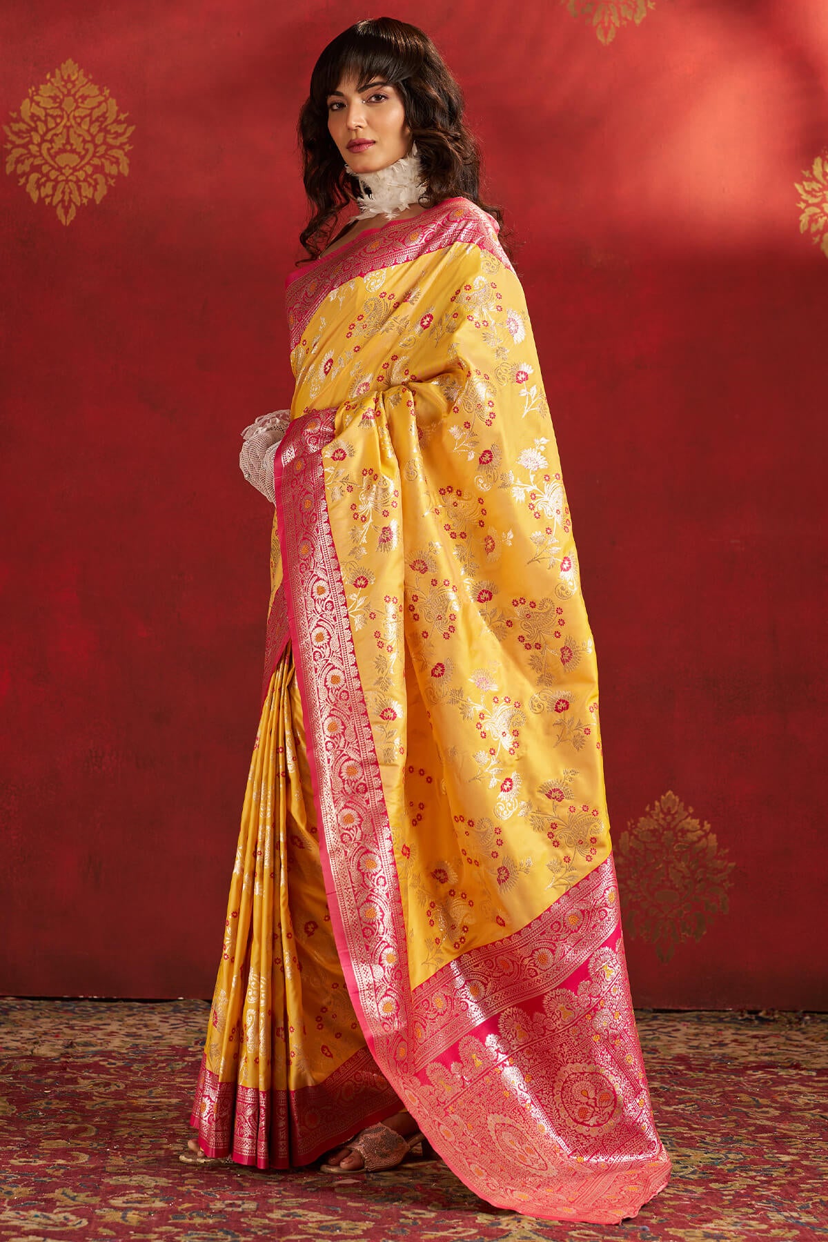 Demanding Yellow Pure Zari Weaving Banarasi Silk Saree With Girlish Blouse Piece