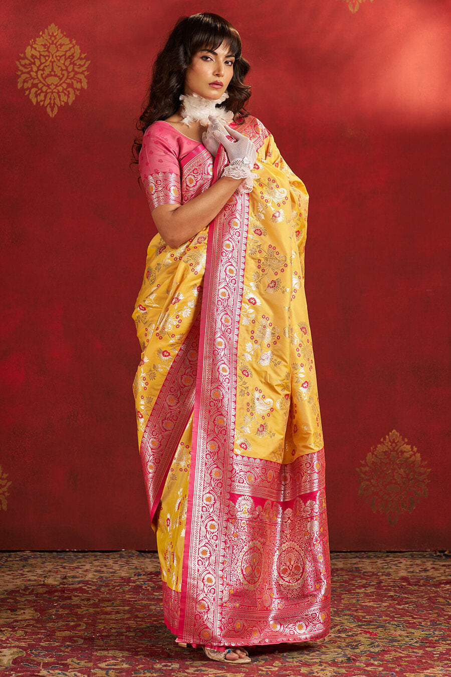 Demanding Yellow Pure Zari Weaving Banarasi Silk Saree With Girlish Blouse Piece