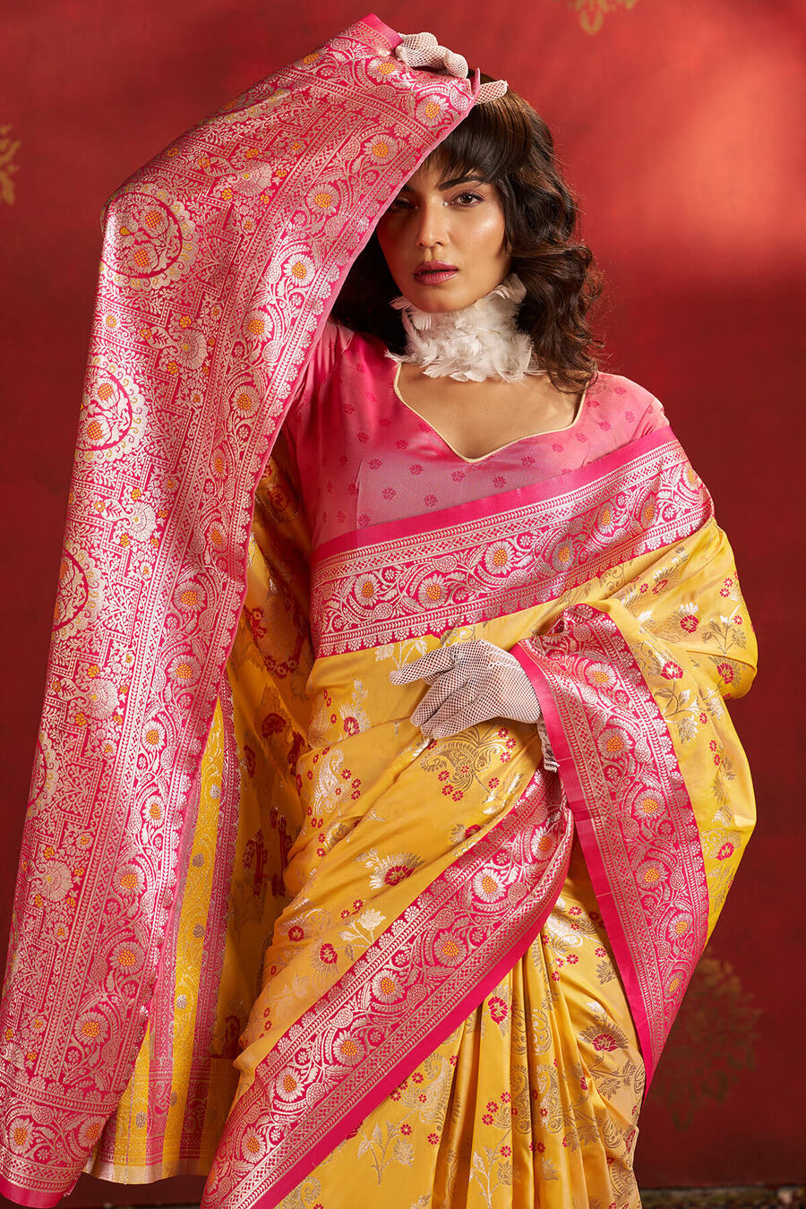 Demanding Yellow Pure Zari Weaving Banarasi Silk Saree With Girlish Blouse Piece
