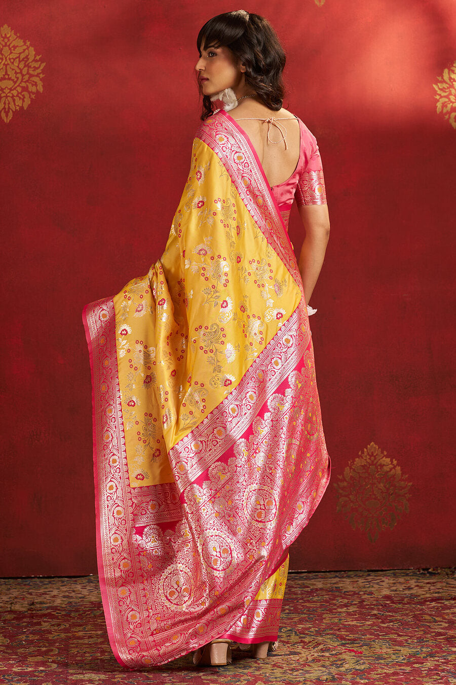 Demanding Yellow Pure Zari Weaving Banarasi Silk Saree With Girlish Blouse Piece