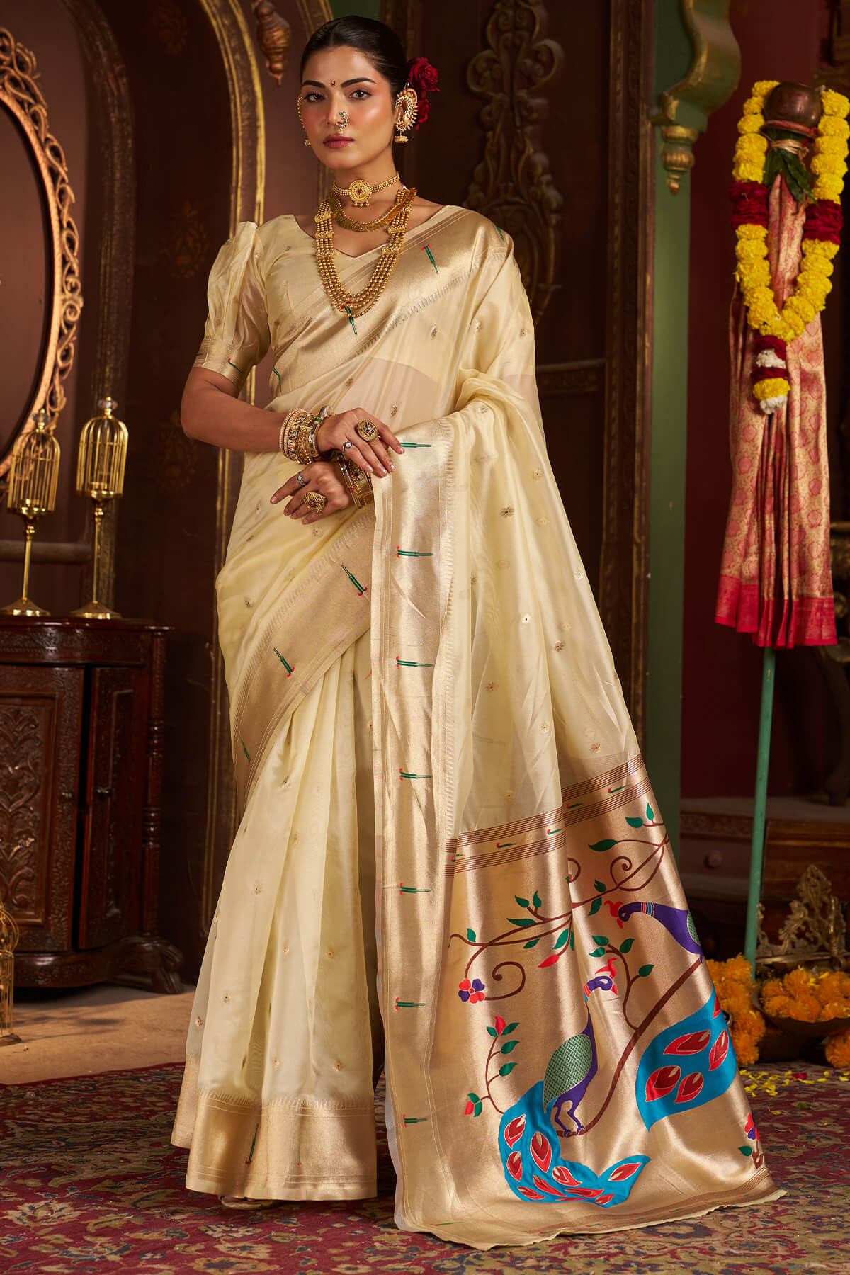 Deserving Beige Organza Paithani Silk Saree With Delightful Blouse Piece