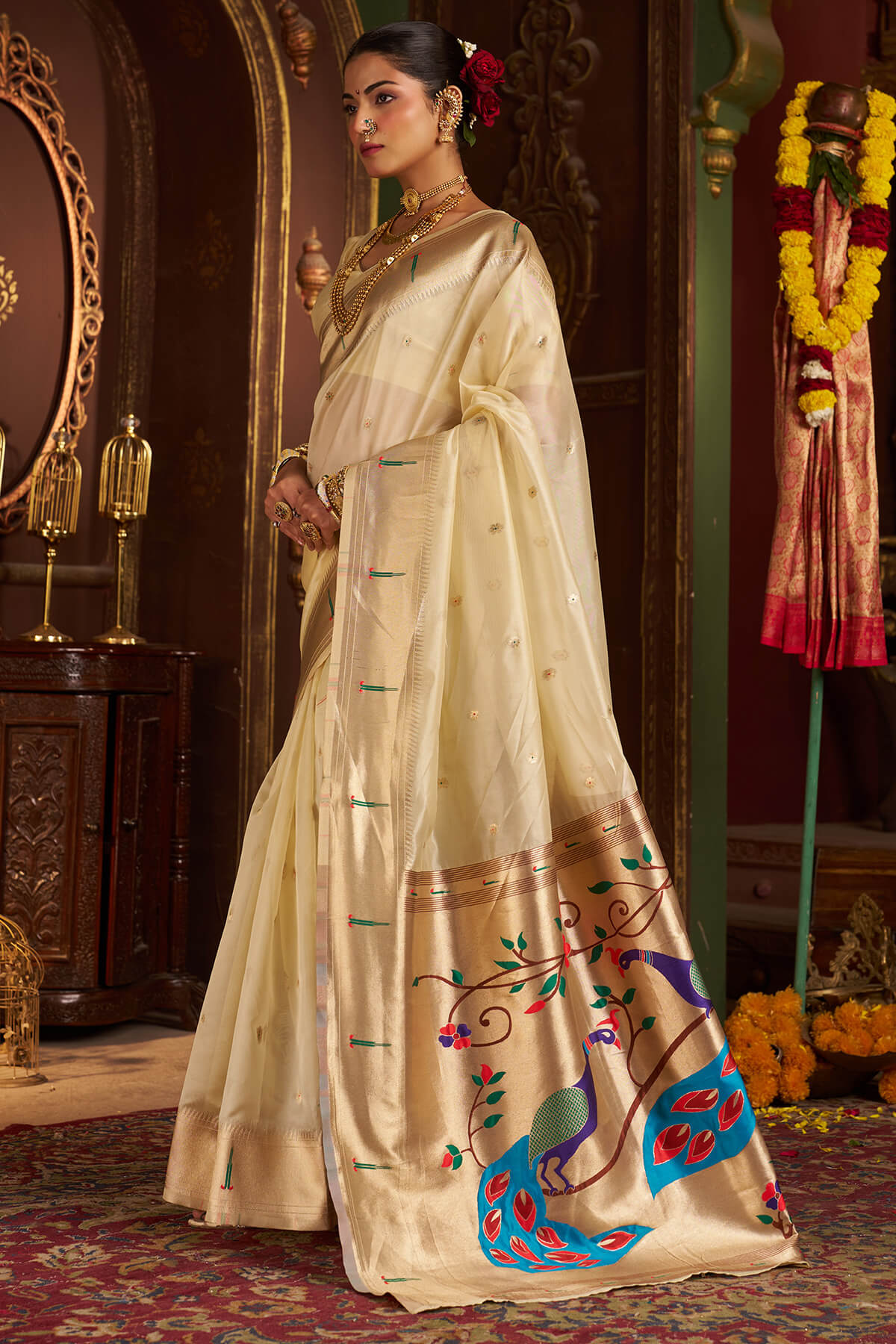 Deserving Beige Organza Paithani Silk Saree With Delightful Blouse Piece