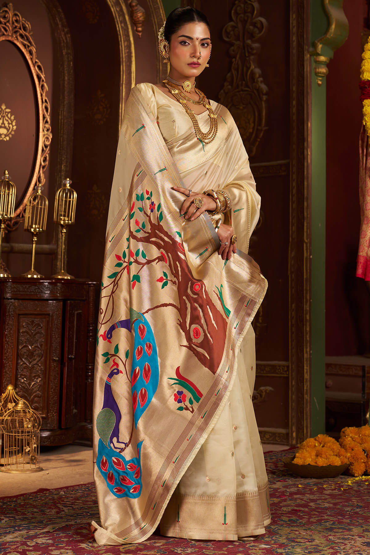 Deserving Beige Organza Paithani Silk Saree With Delightful Blouse Piece