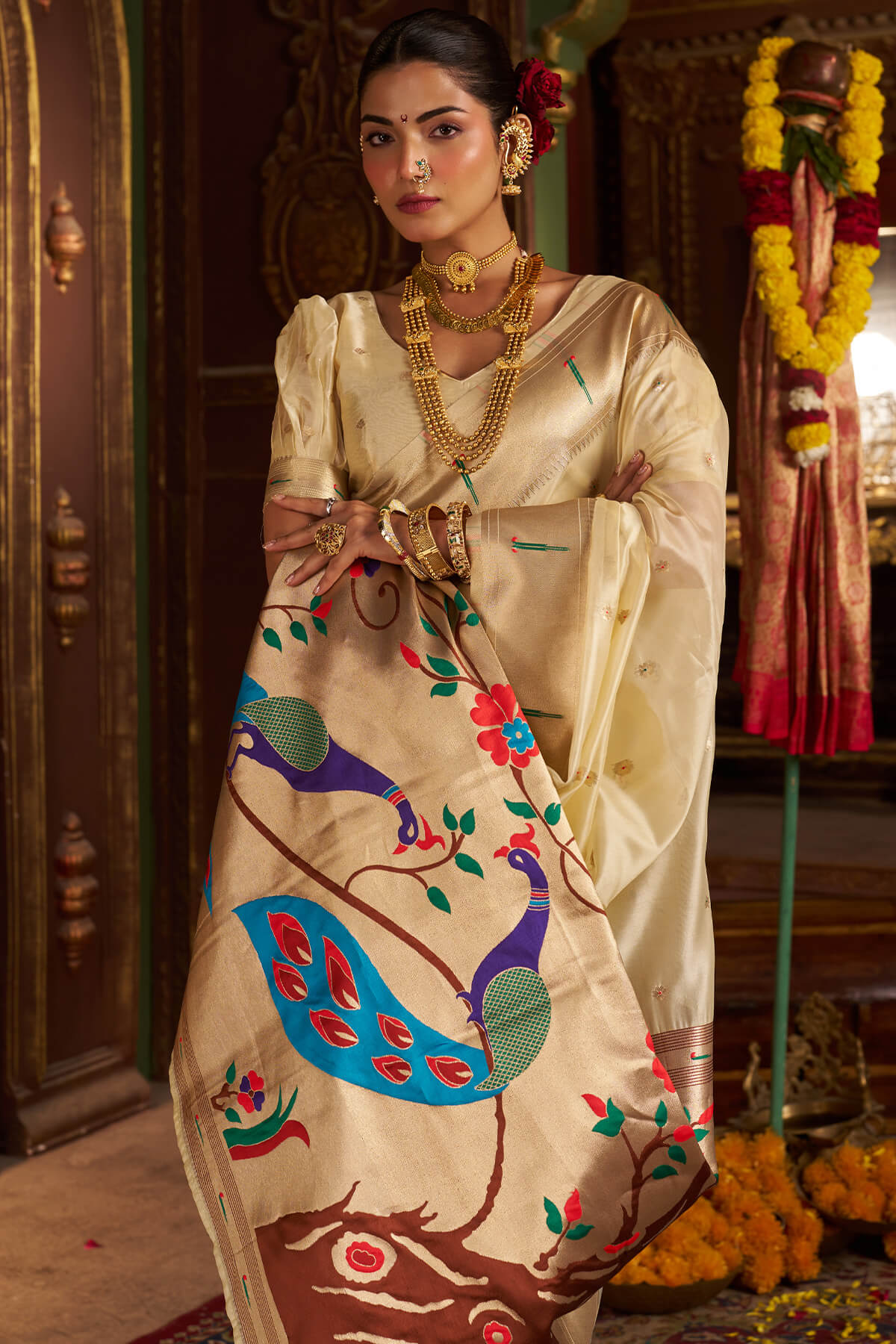 Deserving Beige Organza Paithani Silk Saree With Delightful Blouse Piece