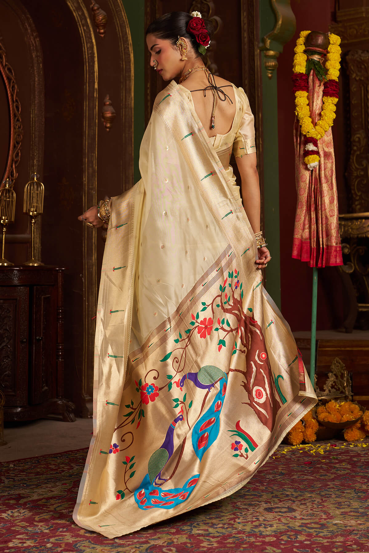 Deserving Beige Organza Paithani Silk Saree With Delightful Blouse Piece