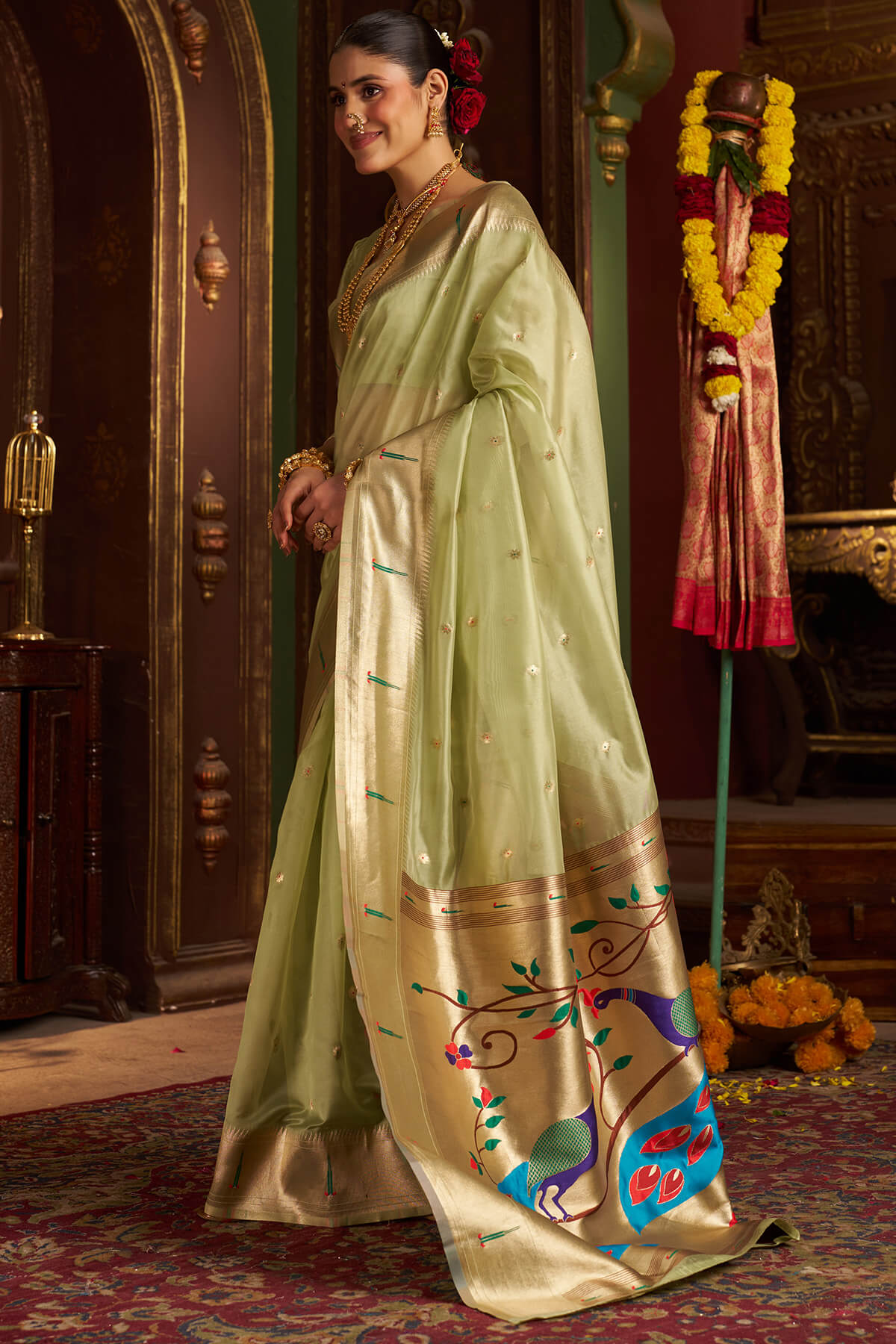 Diaphanous Pista Organza Paithani Silk Saree With Sensational Blouse Piece