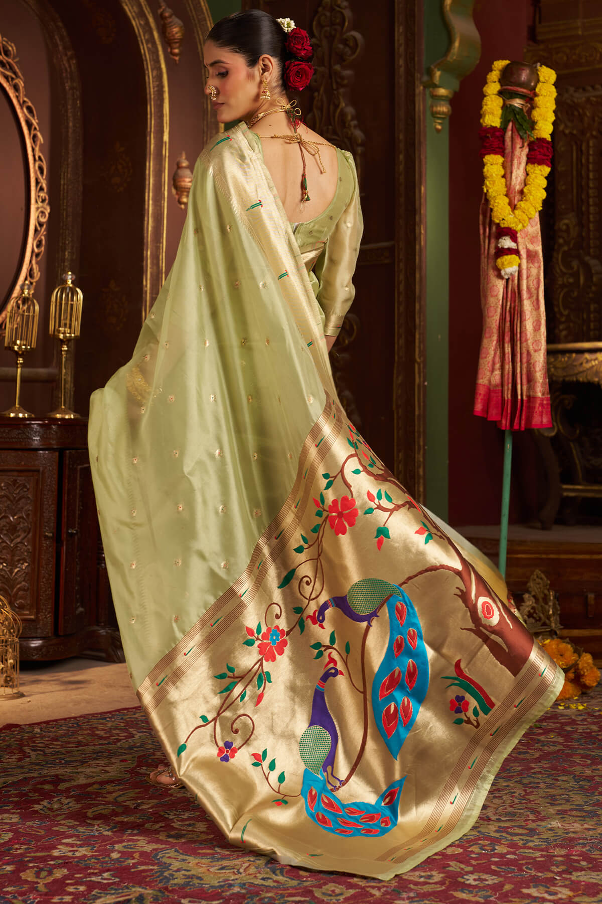 Diaphanous Pista Organza Paithani Silk Saree With Sensational Blouse Piece