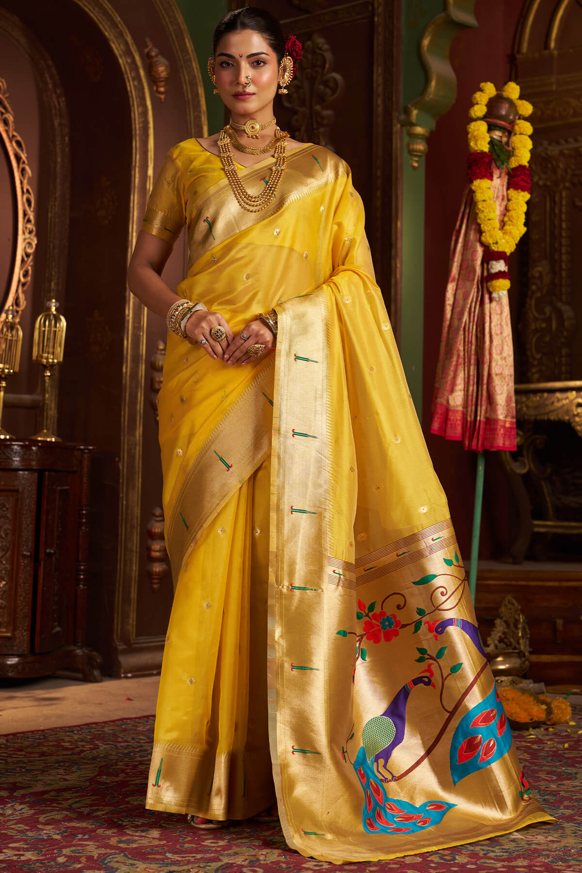 Devastating Yellow Organza Paithani Silk Saree With Beguiling Blouse Piece