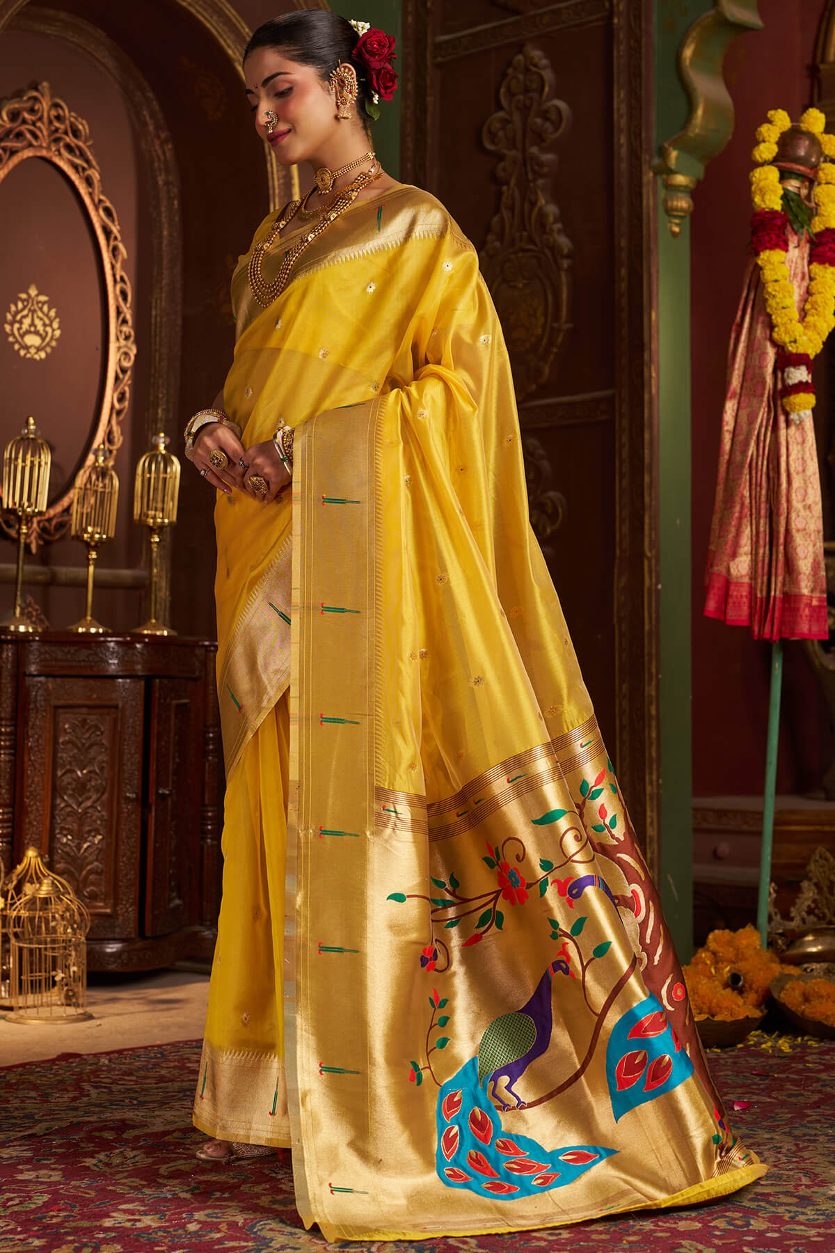 Devastating Yellow Organza Paithani Silk Saree With Beguiling Blouse Piece