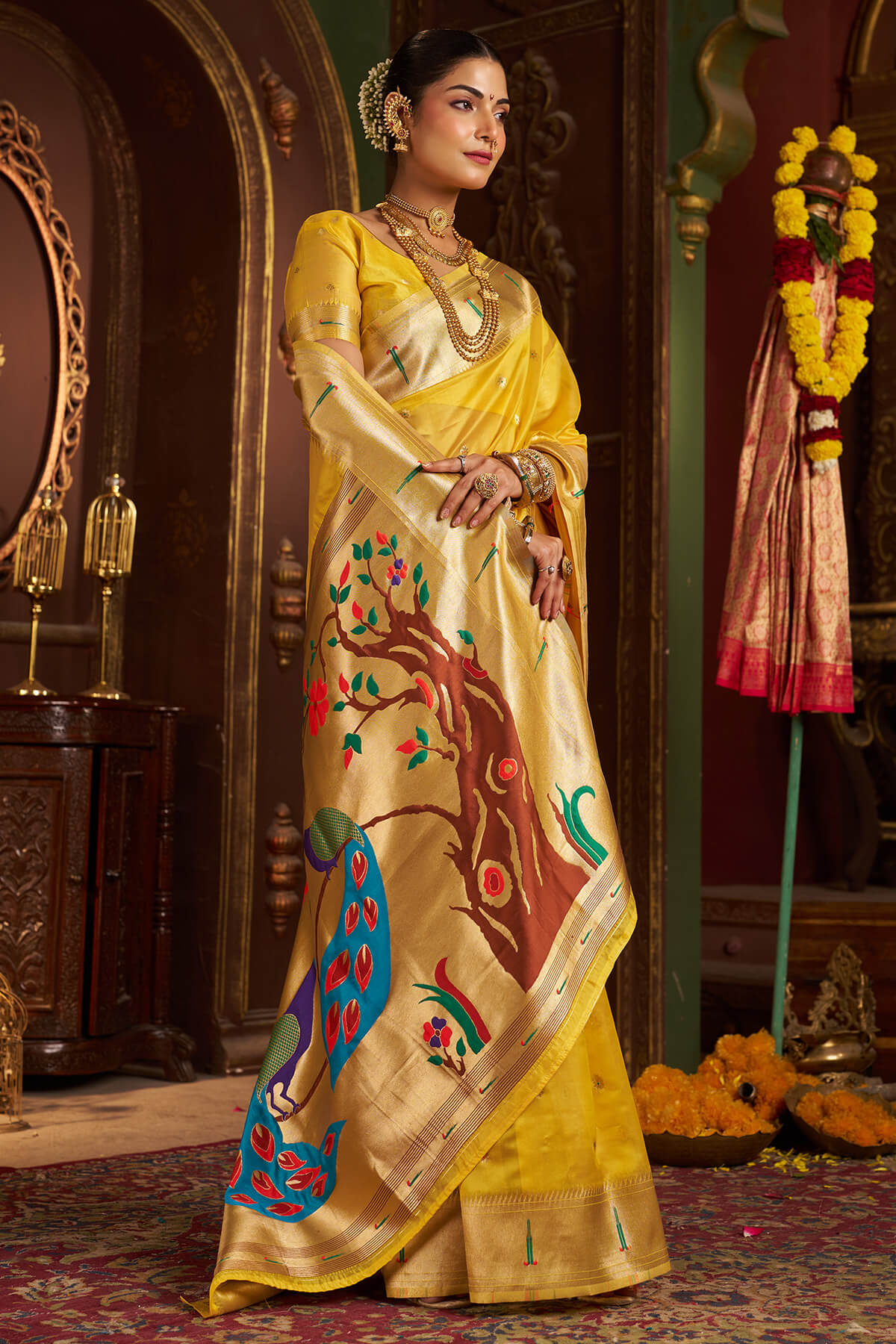 Devastating Yellow Organza Paithani Silk Saree With Beguiling Blouse Piece