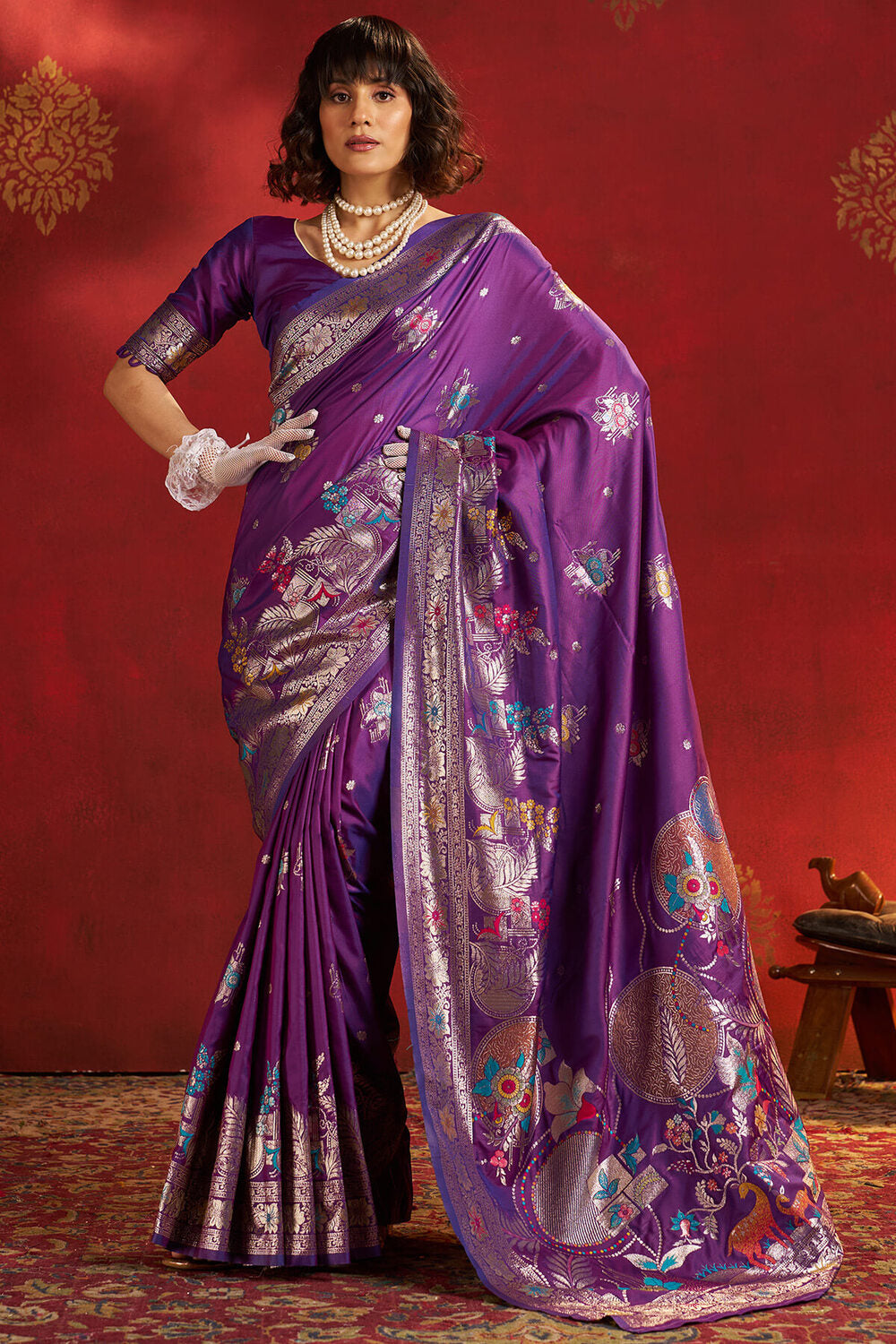 Jazzy Purple Pure Zari Weaving Banarasi Silk Saree With Designer Blouse Piece