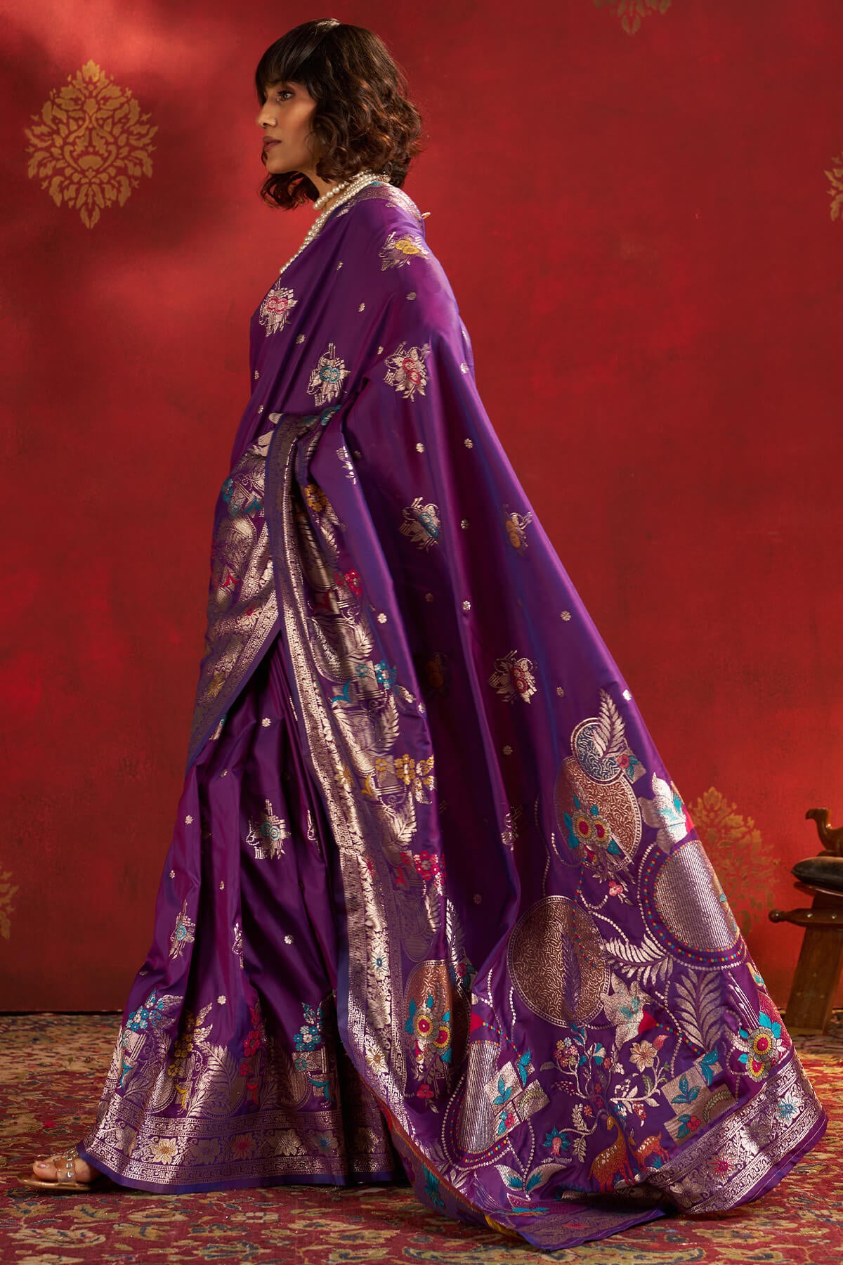 Jazzy Purple Pure Zari Weaving Banarasi Silk Saree With Designer Blouse Piece