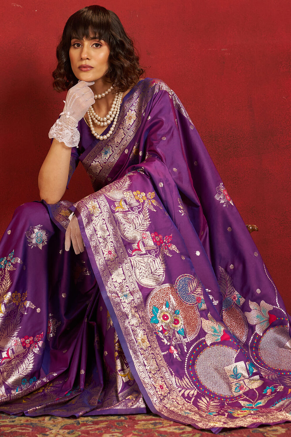 Jazzy Purple Pure Zari Weaving Banarasi Silk Saree With Designer Blouse Piece