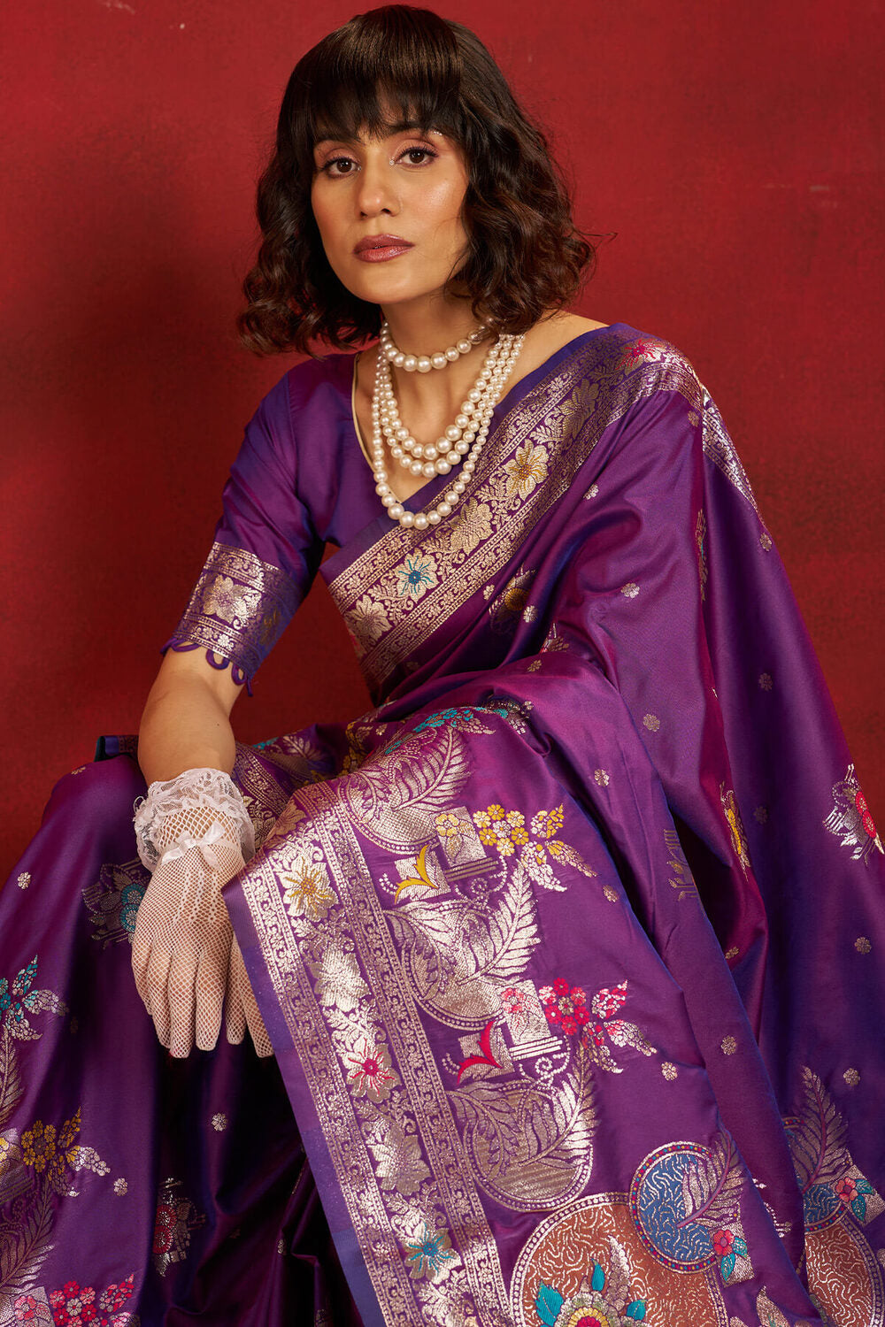 Jazzy Purple Pure Zari Weaving Banarasi Silk Saree With Designer Blouse Piece