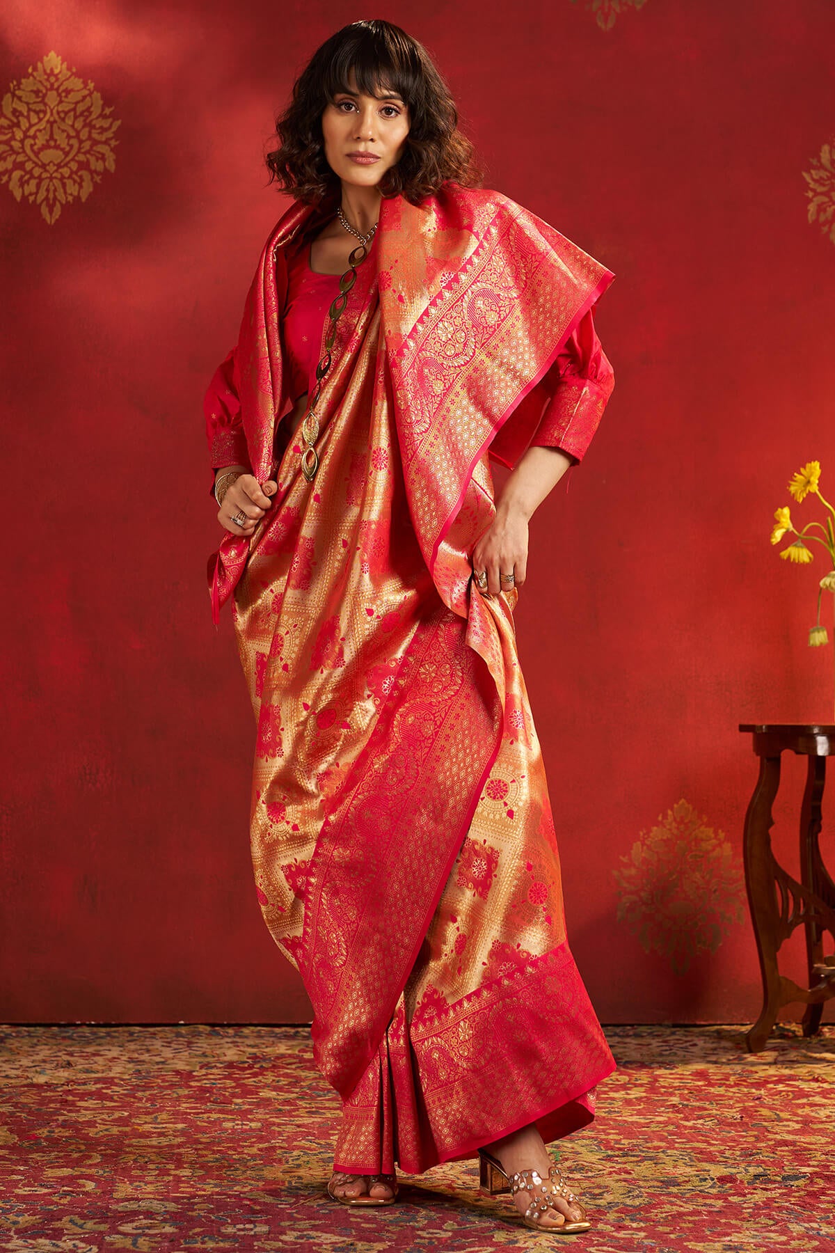 Redolent Dark Pink Kanjivaram Silk Saree With Pleasurable Blouse Piece