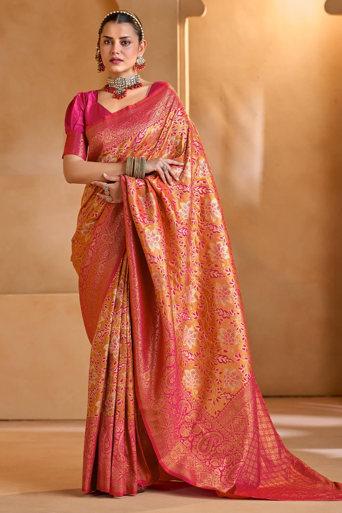 Verdant Dark Pink Kanjivaram Silk Saree With Beautiful Blouse Piece