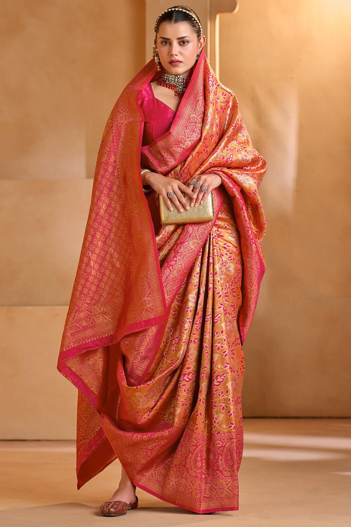 Verdant Dark Pink Kanjivaram Silk Saree With Beautiful Blouse Piece