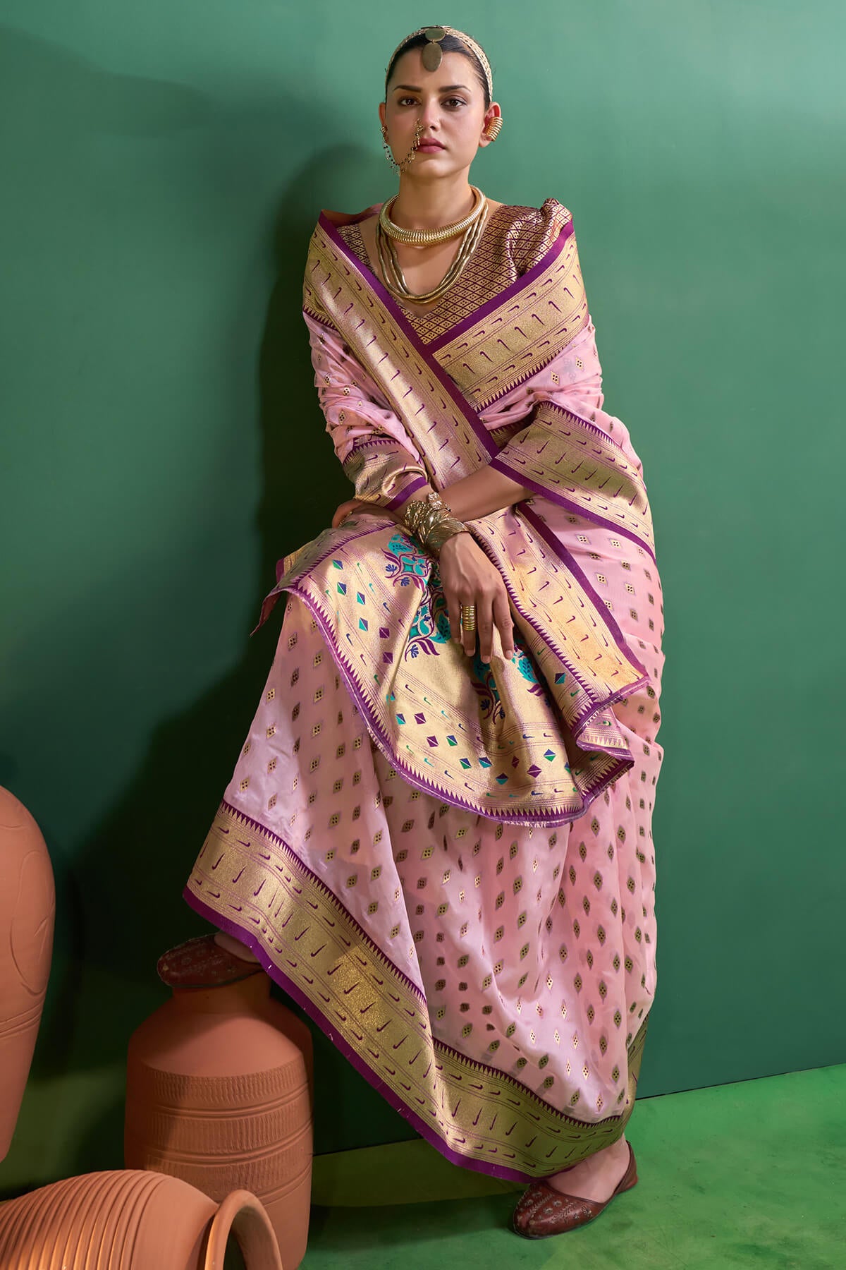 Luxuriant Baby Pink Organza Paithani Silk Saree With Traditional Blouse Piece