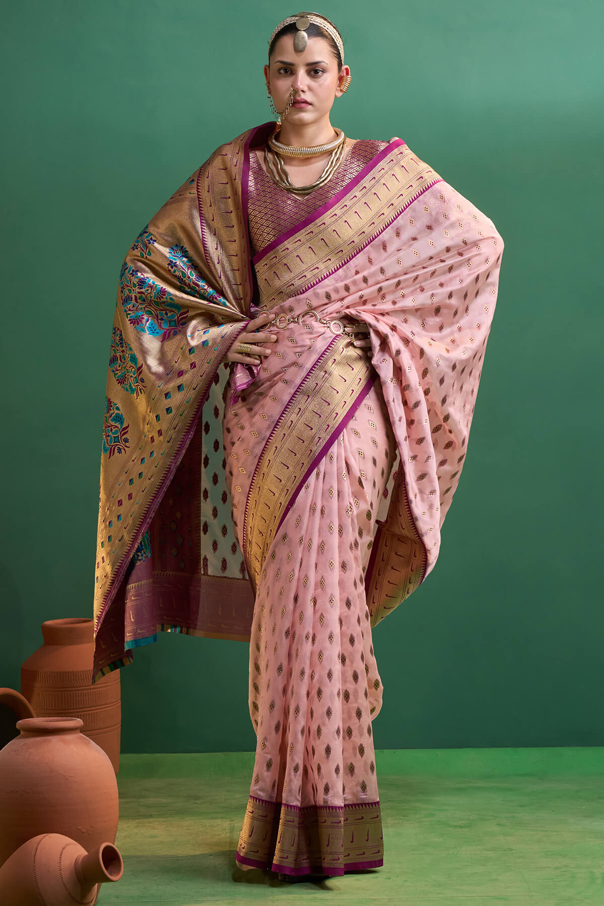 Luxuriant Baby Pink Organza Paithani Silk Saree With Traditional Blouse Piece