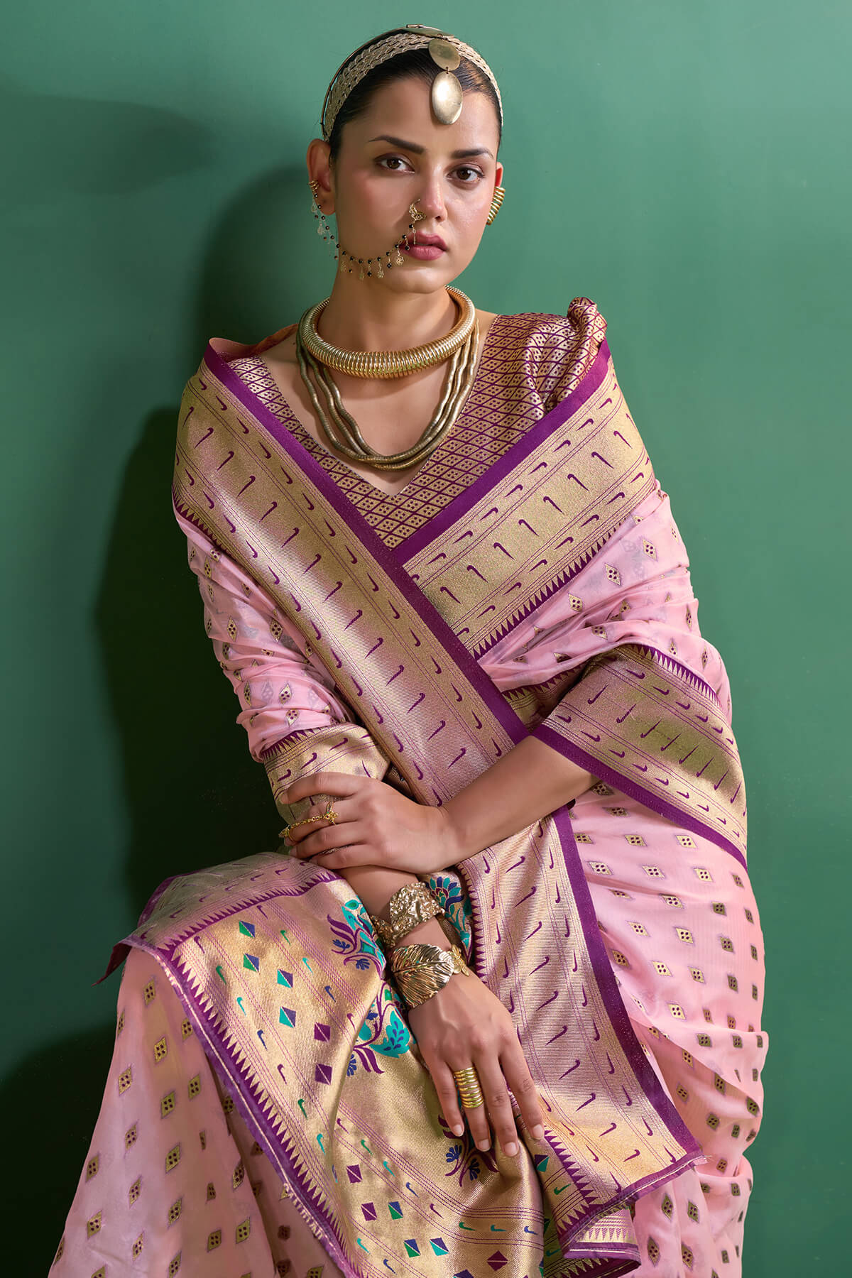 Luxuriant Baby Pink Organza Paithani Silk Saree With Traditional Blouse Piece