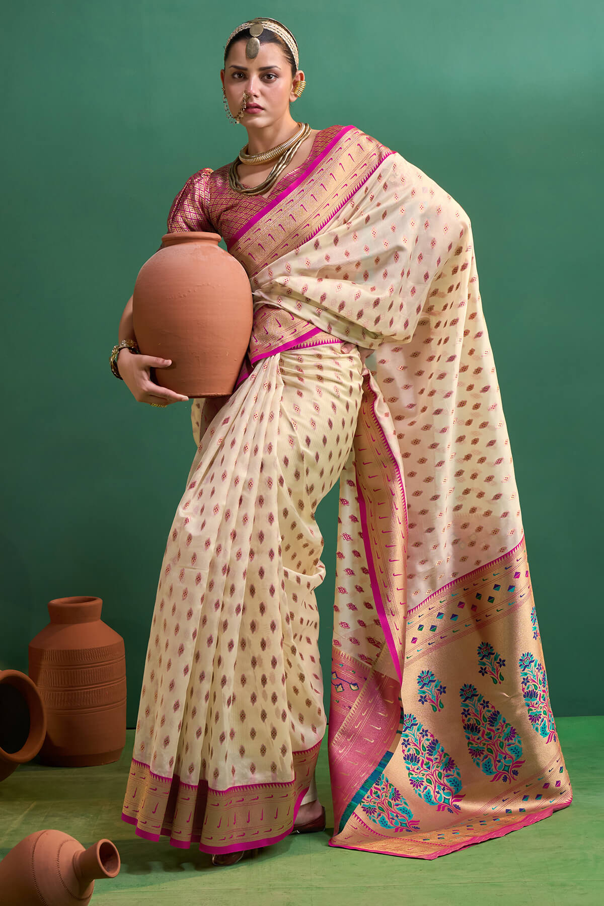 Panoply Beige Organza Paithani Silk Saree With Forbearance Blouse Piece
