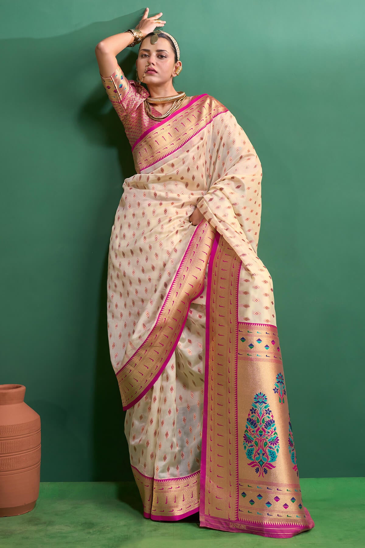 Panoply Beige Organza Paithani Silk Saree With Forbearance Blouse Piece