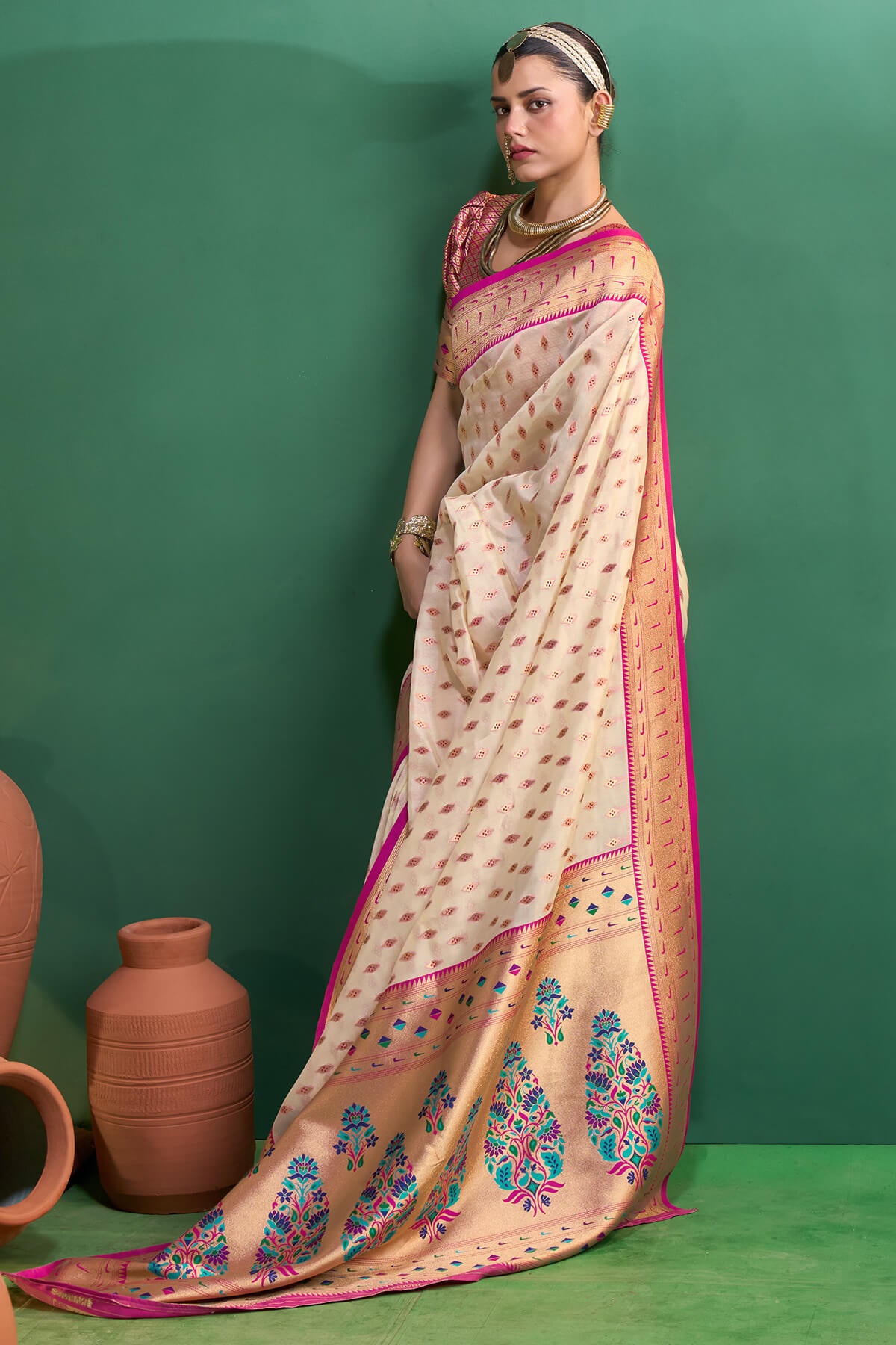 Panoply Beige Organza Paithani Silk Saree With Forbearance Blouse Piece