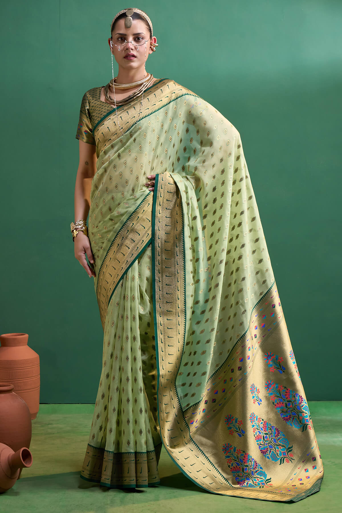 Transcendent Pista Organza Paithani Silk Saree With Diaphanous Blouse Piece