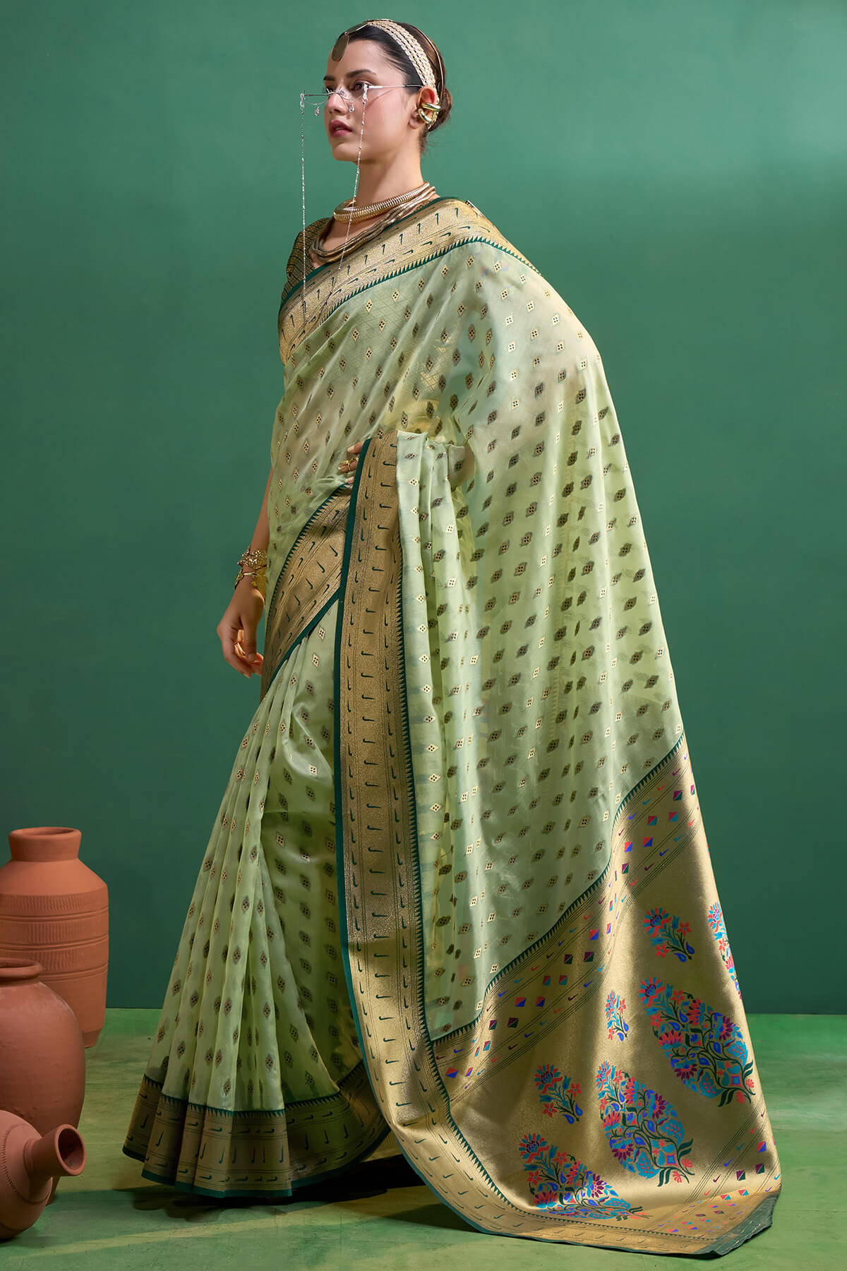 Transcendent Pista Organza Paithani Silk Saree With Diaphanous Blouse Piece