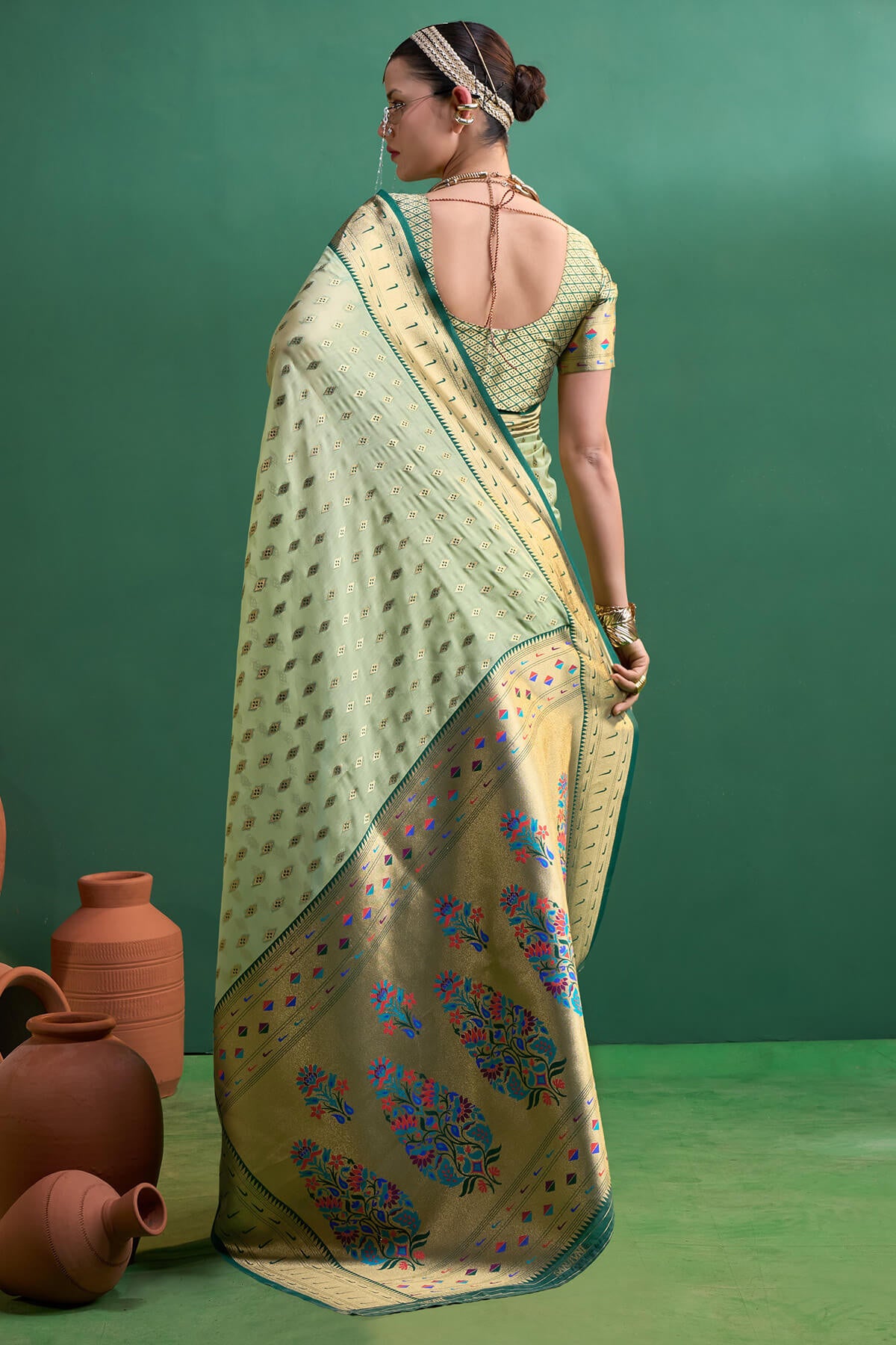 Transcendent Pista Organza Paithani Silk Saree With Diaphanous Blouse Piece