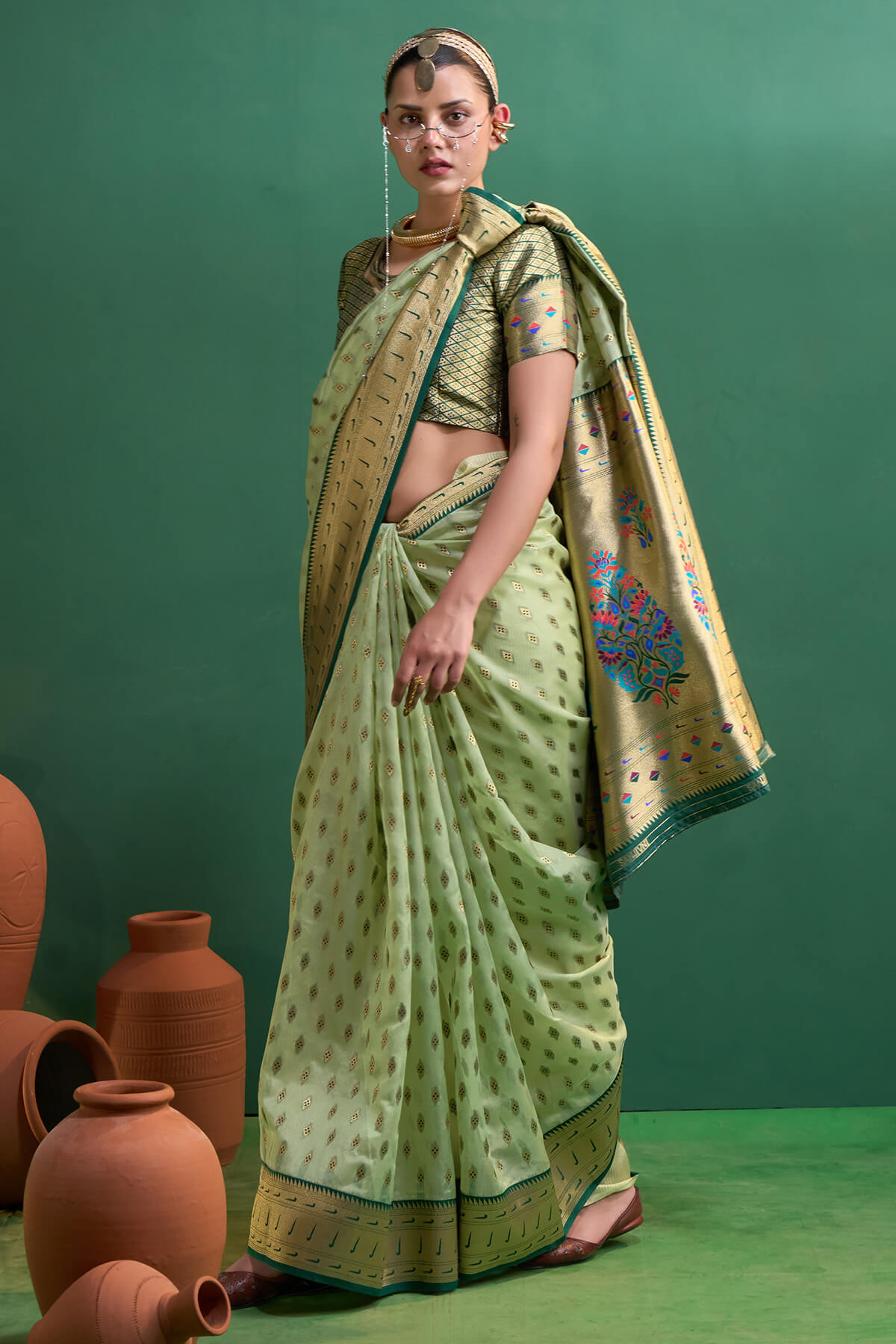 Transcendent Pista Organza Paithani Silk Saree With Diaphanous Blouse Piece
