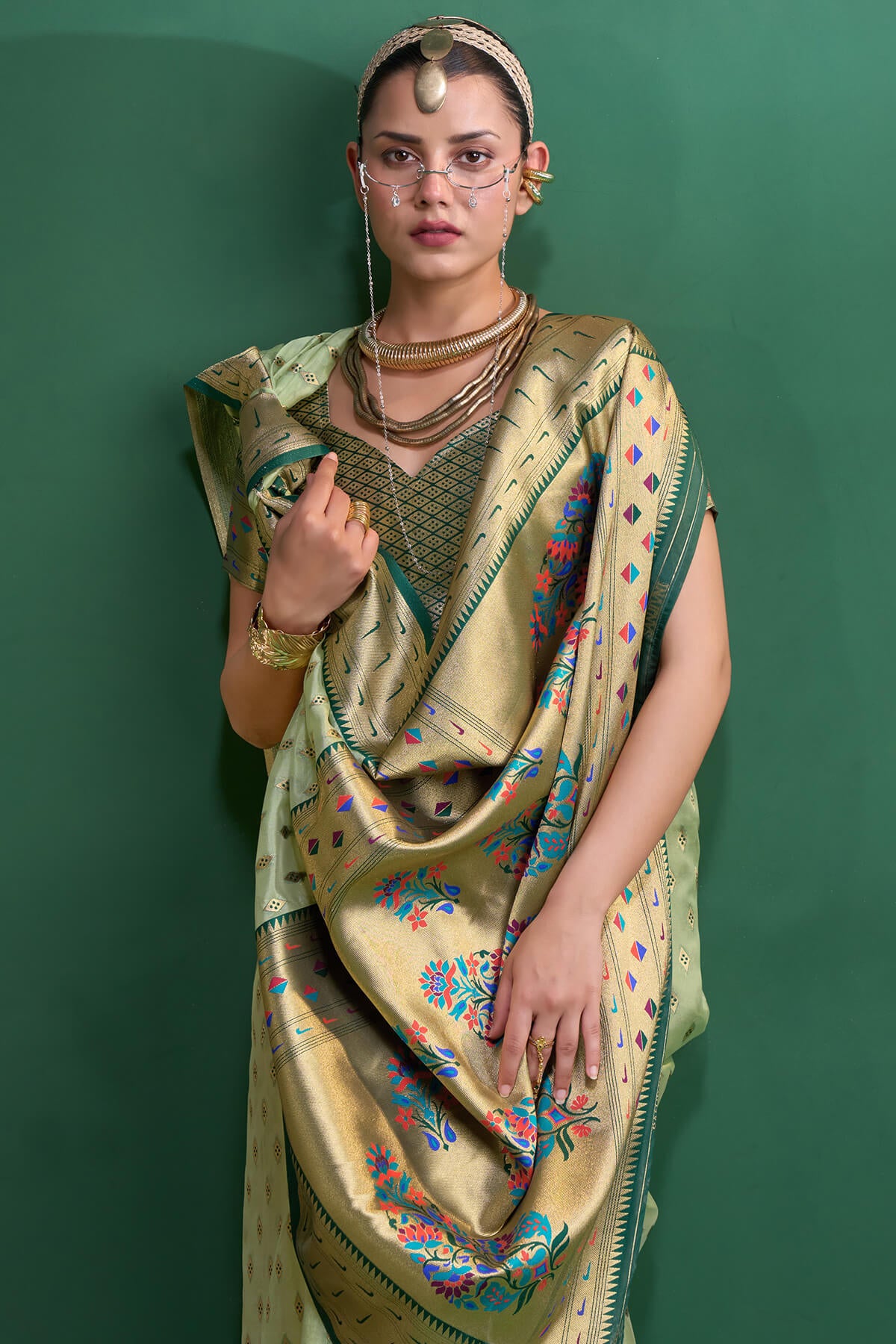 Transcendent Pista Organza Paithani Silk Saree With Diaphanous Blouse Piece