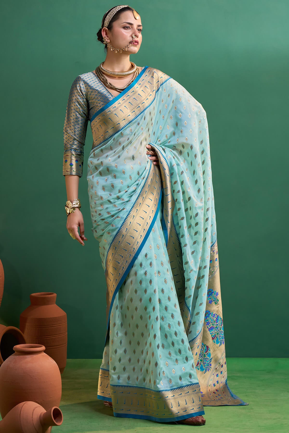 Radiant Sky Organza Paithani Silk Saree With Inspiring Blouse Piece