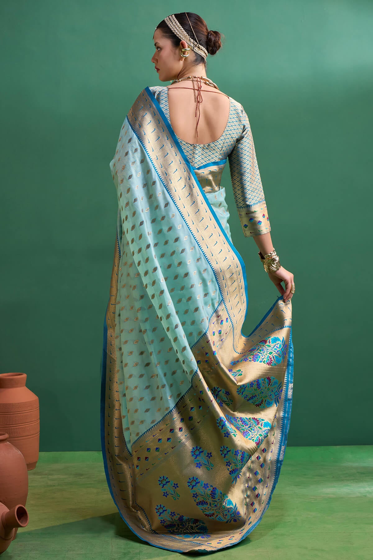 Radiant Sky Organza Paithani Silk Saree With Inspiring Blouse Piece