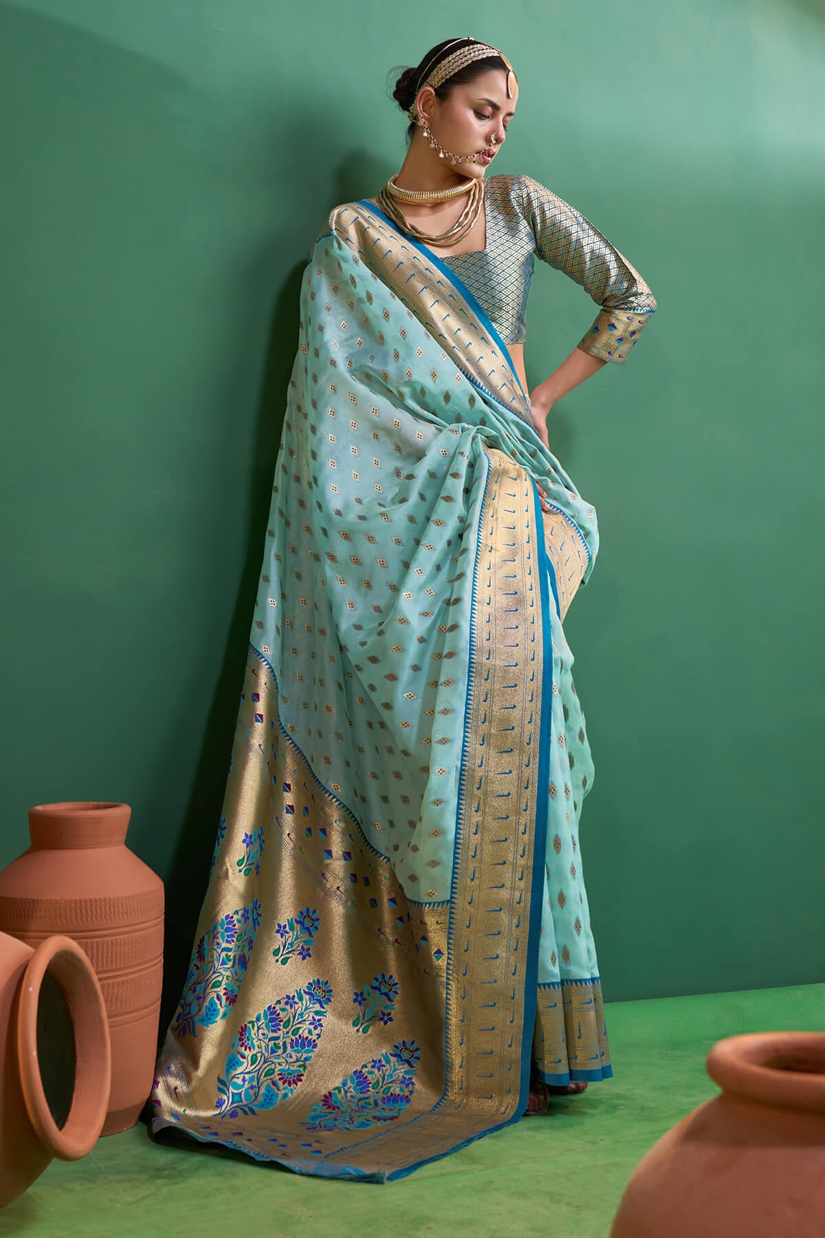 Radiant Sky Organza Paithani Silk Saree With Inspiring Blouse Piece