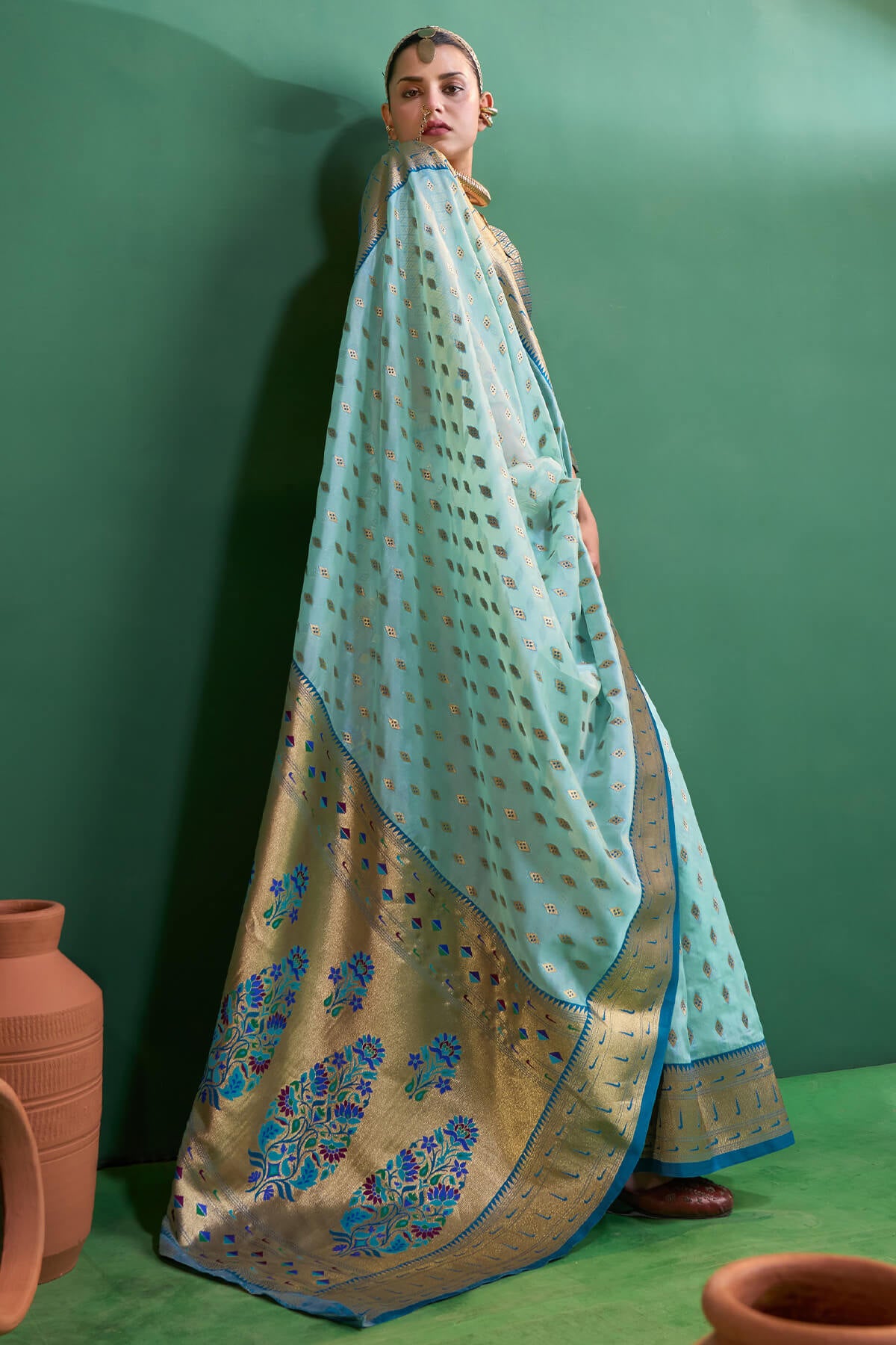 Radiant Sky Organza Paithani Silk Saree With Inspiring Blouse Piece