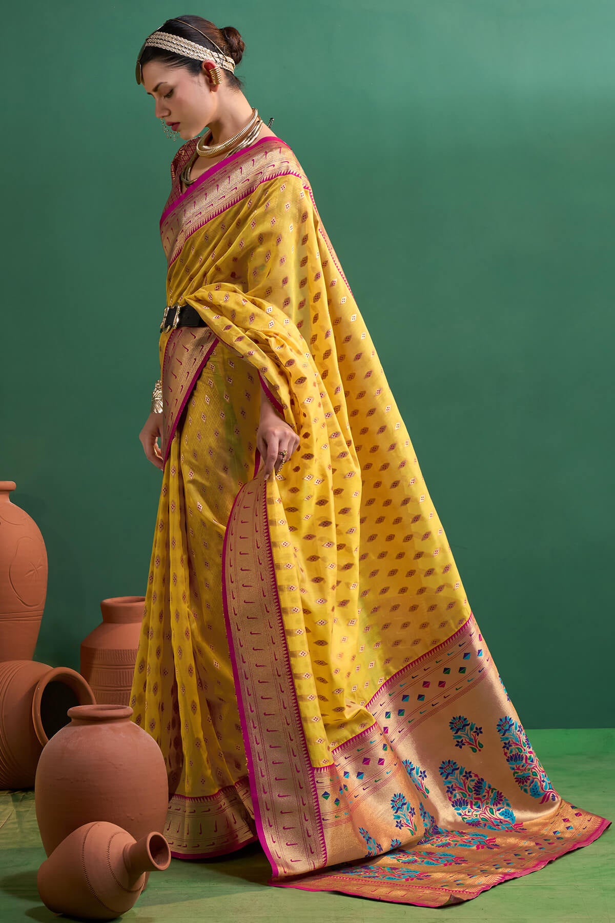 Evanescent Yellow Organza Paithani Silk Saree With Ephemeral Blouse Piece